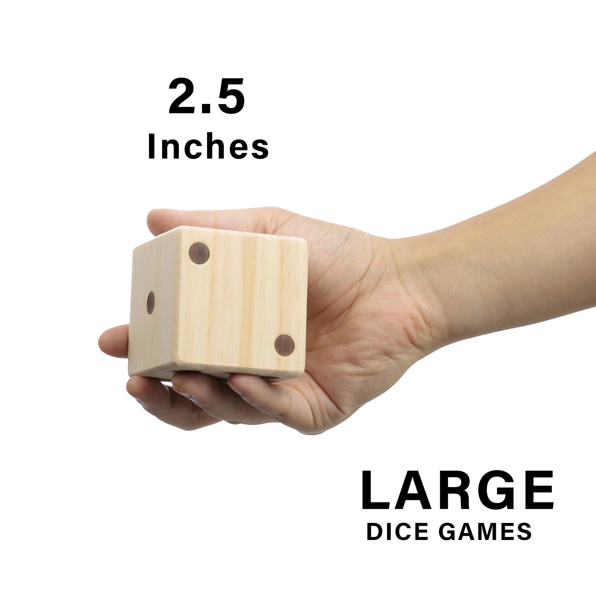 Large Wooden Yard Dice Set of 6 with Two Games & Cardboard Bucket for Outdoor Parties, Family Gatherings, and Backyard Fun