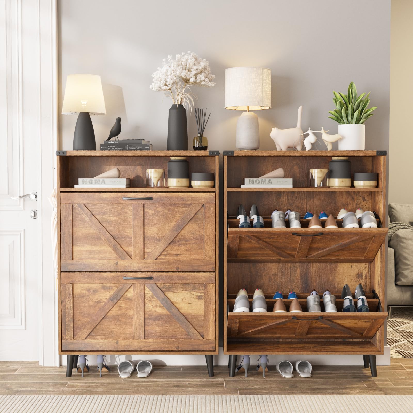2-Tier Flip-Drawer Shoe Storage Cabinet - Freestanding Entryway Organizer with Open Shelves & Farmhouse Legs, Narrow Shoe Rack for Hallway, Closet & Mudroom Organization (Brown)