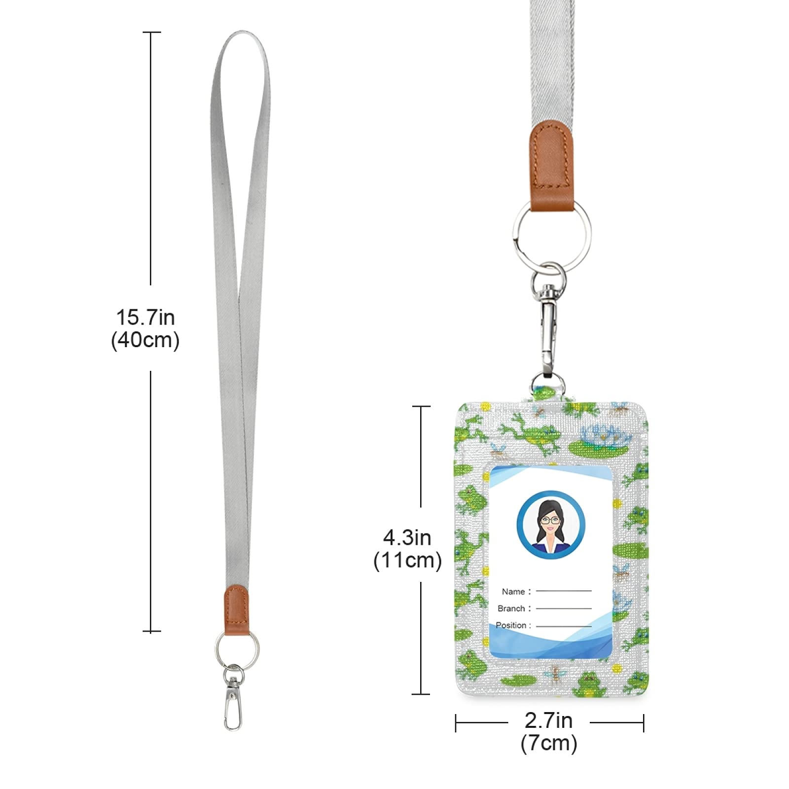 PU Leather ID Badge Holder with Lanyard & Key Ring - Cute Frog Design for Work & Events