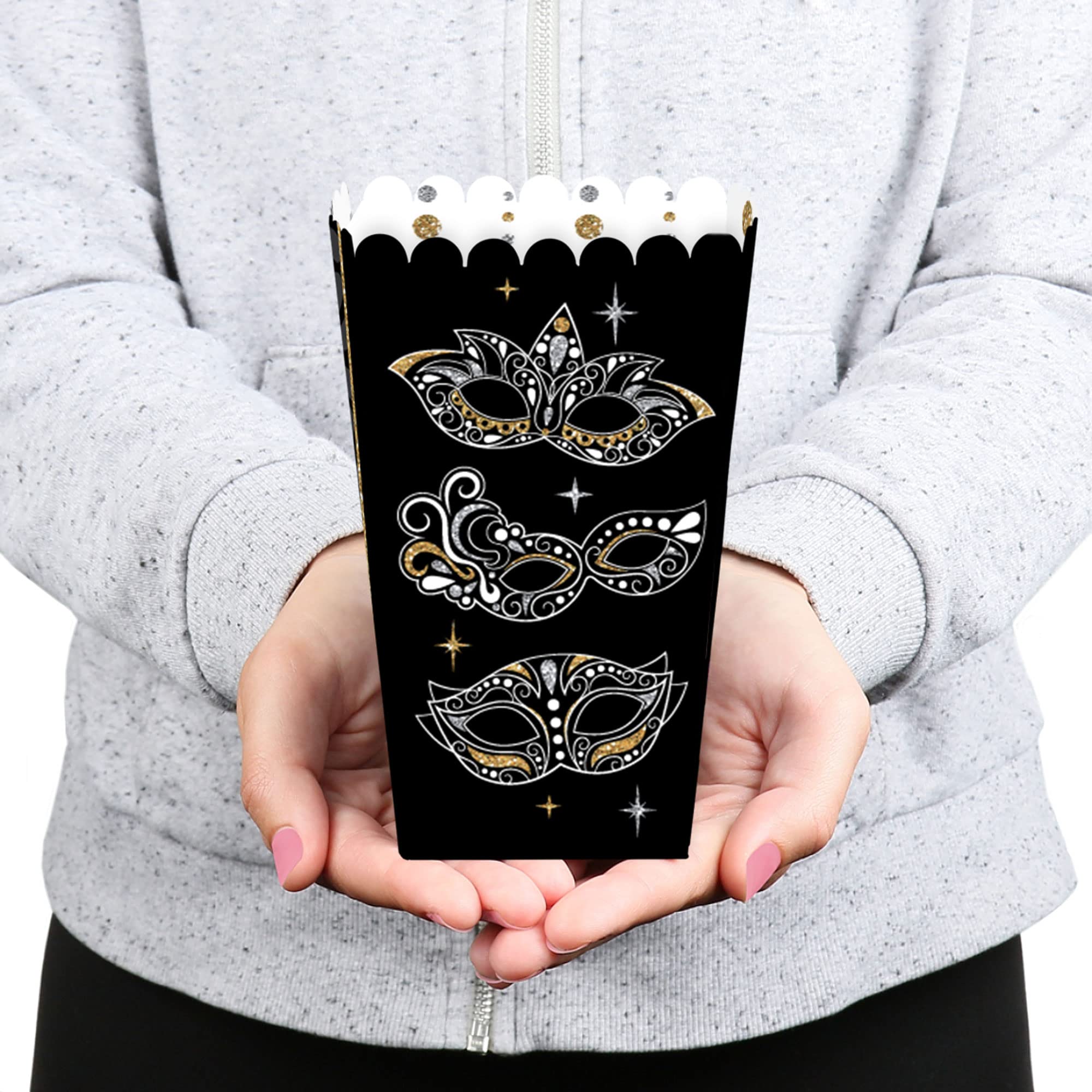 Venetian Masquerade Mask Party Favor Popcorn Treat Boxes - Set of 12 Elegant Carnival Favors for Weddings, Birthdays & Mardi Gras Celebrations