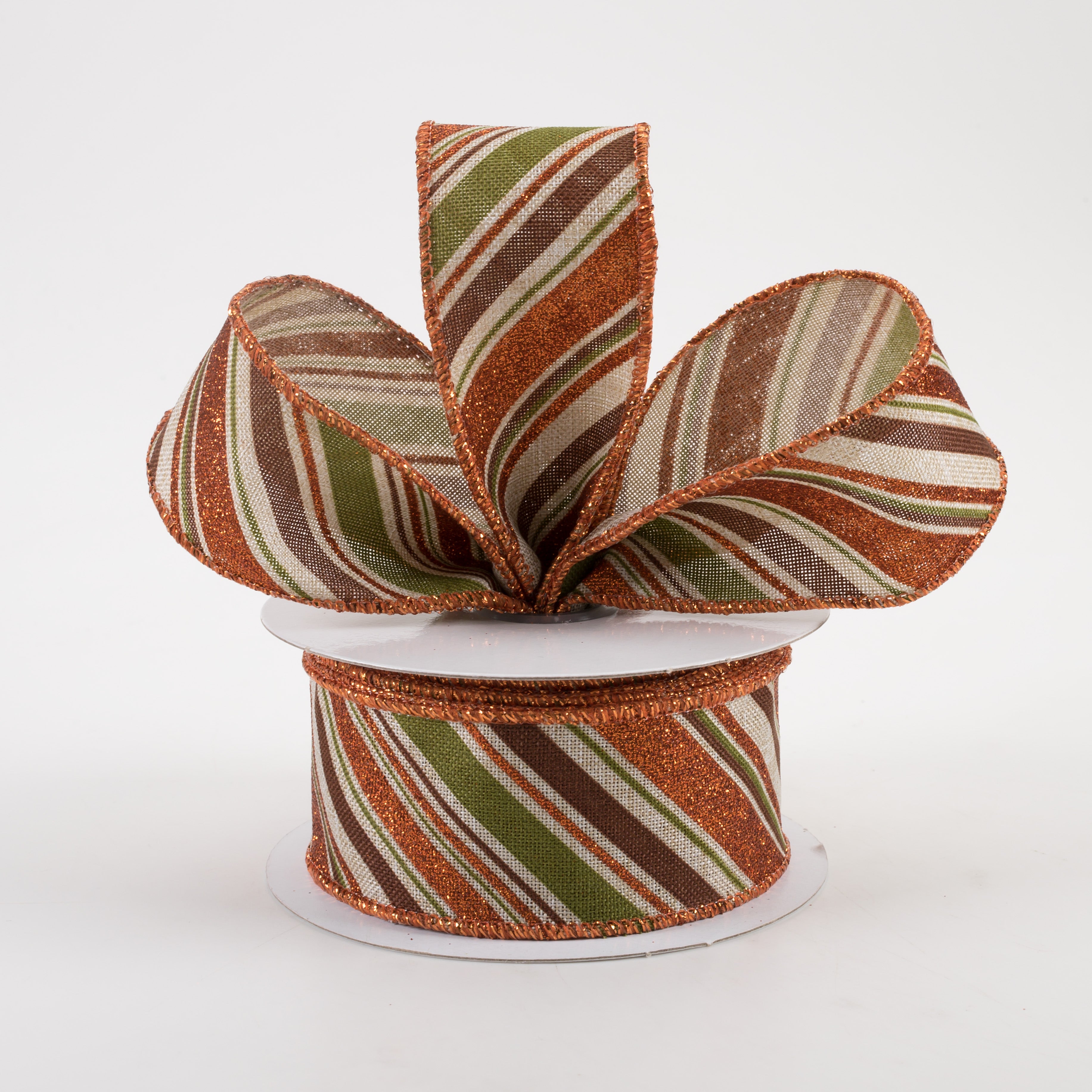1.5 Inch Diagonal Glitter Stripe Ribbon - Light Natural, Moss, Brown, Orange (10 Yards) - Perfect for Gift Wrapping, Scrapbooking, and DIY Crafts