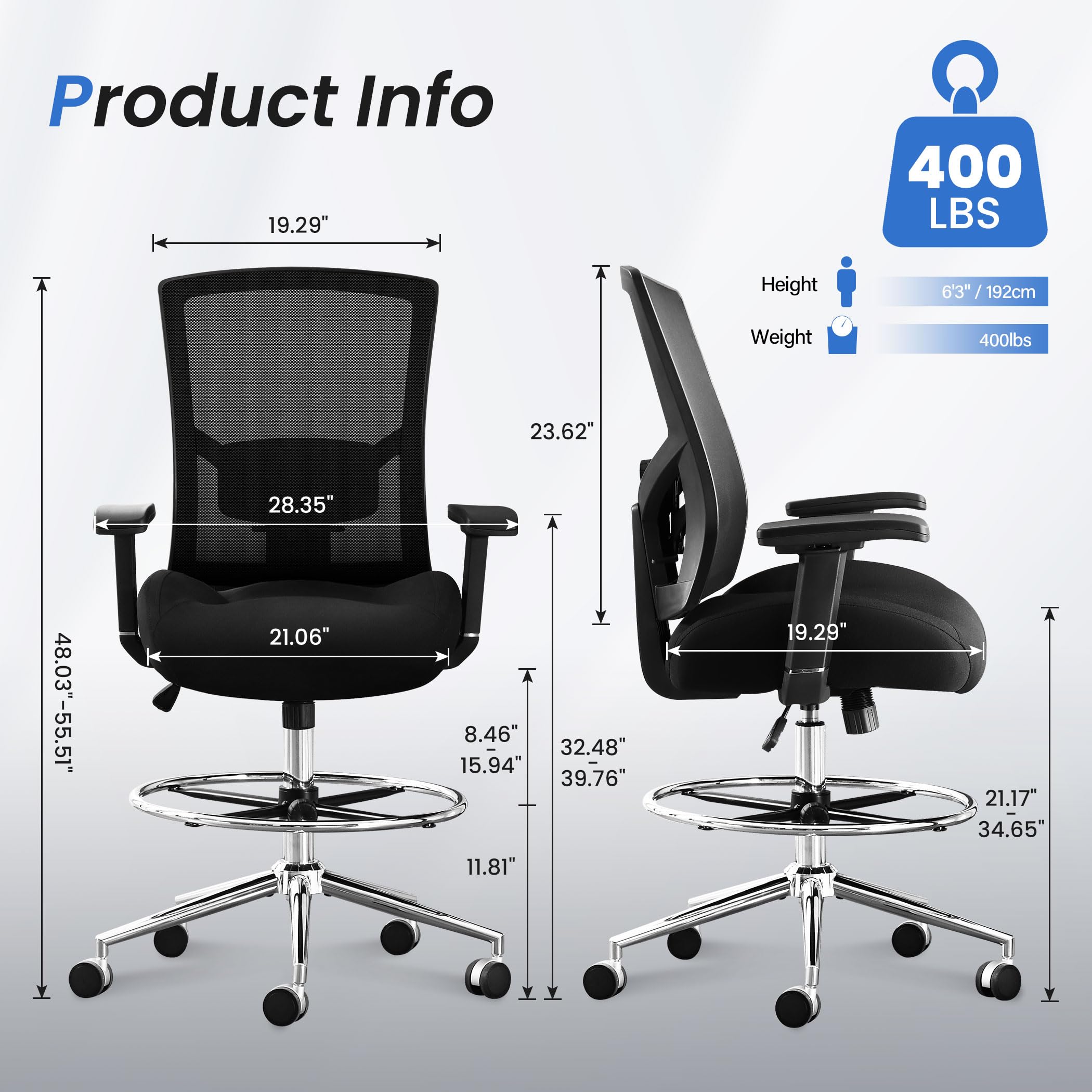 Ergonomic Drafting Chair for Standing Desk - 400 lbs Capacity, Extra Wide 21