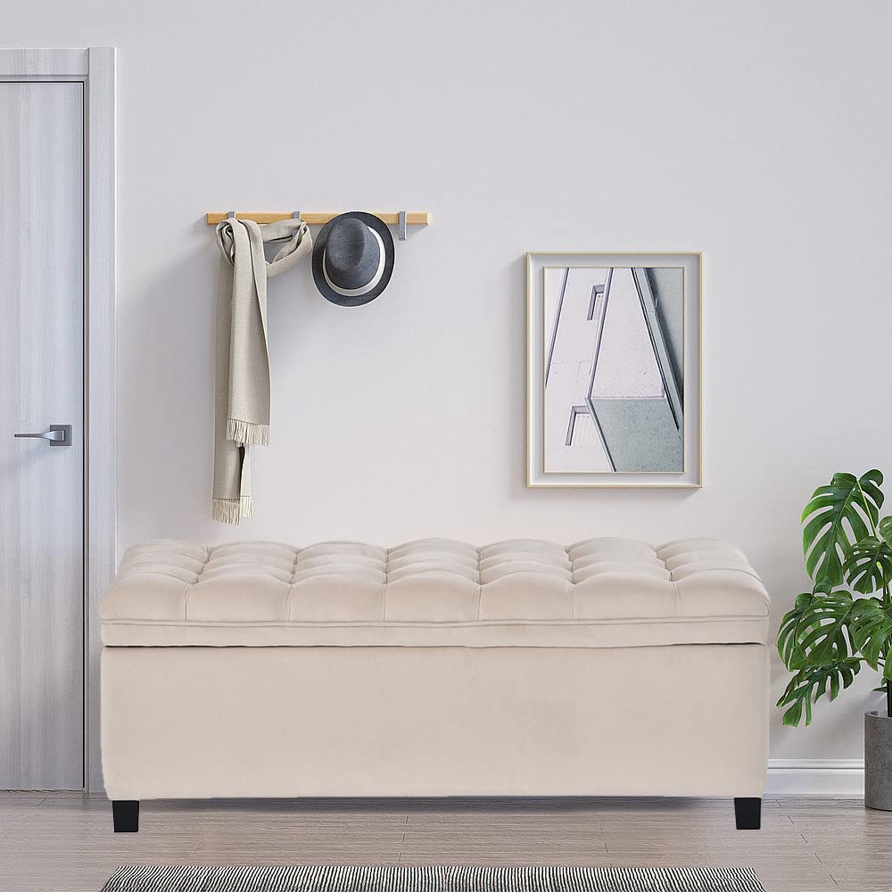 Tufted Storage Ottoman Bench with Upholstered Seat - Large Beige Polyester Footstool for Bedroom, Living Room & End of Bed | Perfect for Shoe Storage, Extra Seating & Home Decor