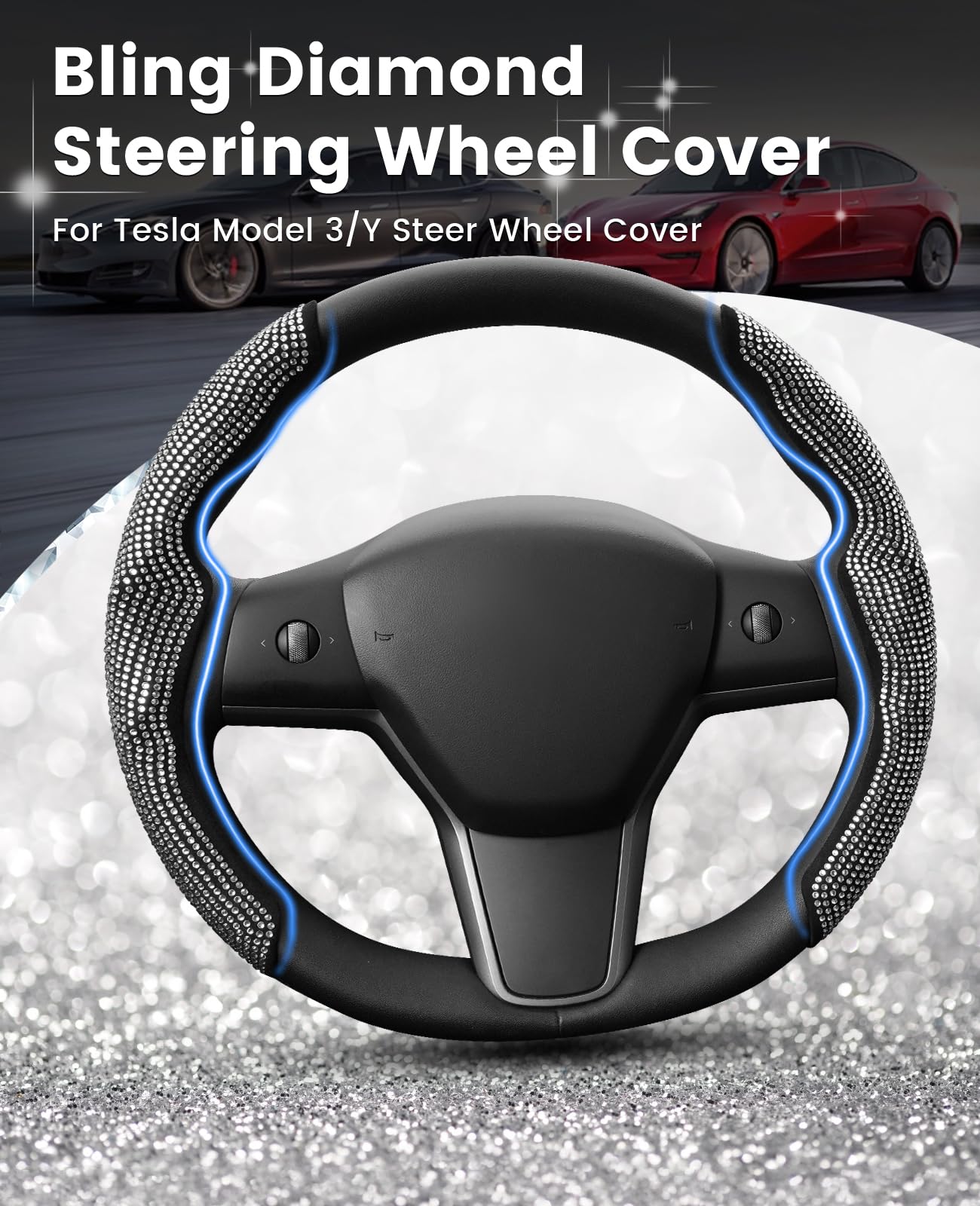 Luxury Diamond Rhinestone Steering Wheel Cover for Tesla Model 3 (2017-2023) & Model Y (2020-2023) - 2PCS Non-Slip Sparkling Car Accessories | Perfect for Women's Gift, Date Night & Luxury Driving Experience