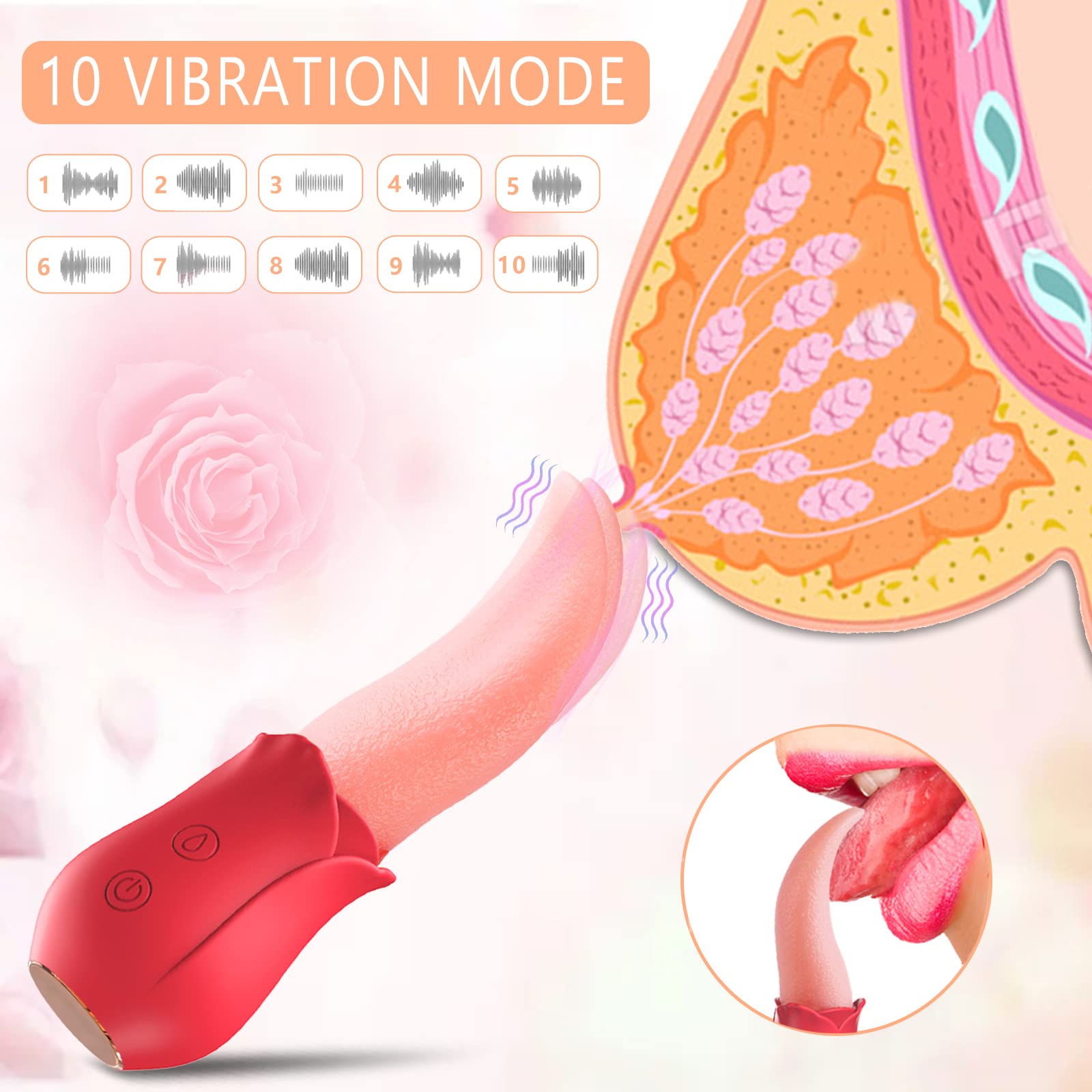 Premium Rose Vibrator for Women - Clitoral & G-Spot Stimulator with Tongue Licking Technology, Nipple Massager, Dual Pleasure Sex Toy for Solo Play & Couples Foreplay - Perfect for Sensual Massage, Bedroom Fun & Intimate Moments