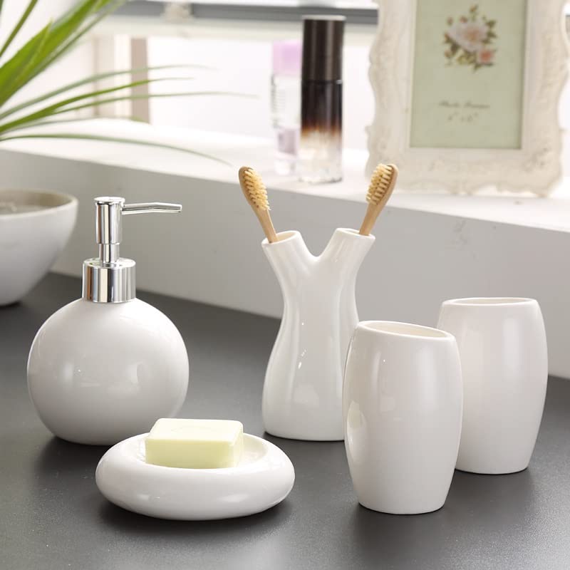 5-Piece Ceramic Bathroom Set - Soap Dish, Toothbrush Holder, Cup, Soap Dispenser & Tray - Elegant Vanity Organizer for Sink Countertop, Spa-Like Shower Decor