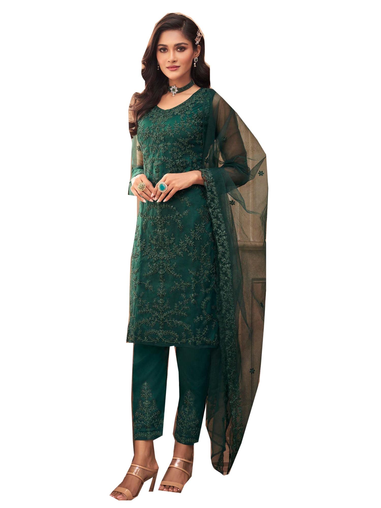 Elegant Green Indian Designer Net Glitter & Sequin Party Dress - Muslim Wedding Gown Straight Suit 2570 | Perfect for Bridal, Engagement & Special Occasions
