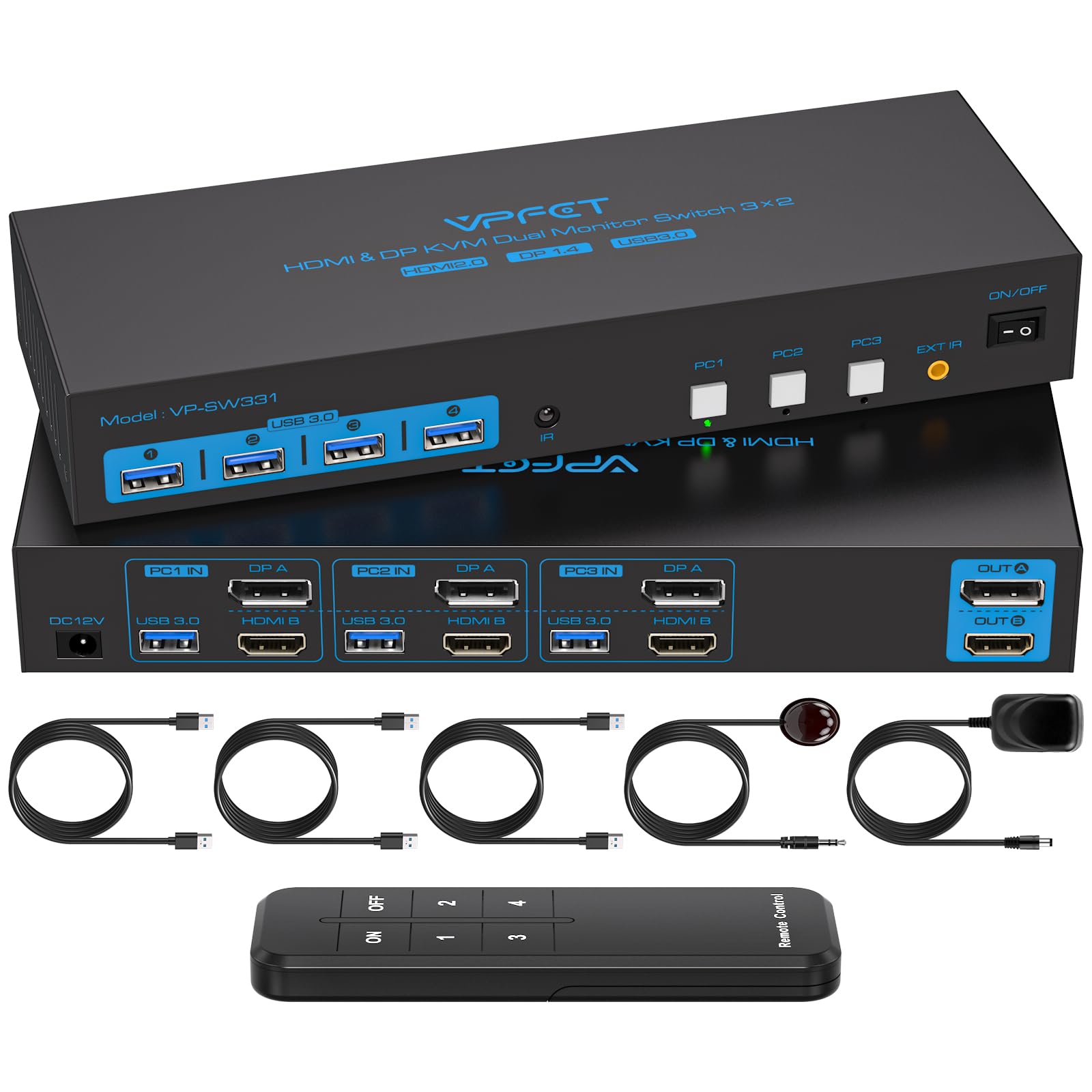 Premium 8K/4K HDMI 2.0 & DisplayPort 1.4 KVM Switch for 3 Computers - Dual Monitor Sharing with USB 3.0 Hub | Control Keyboard, Mouse, Printer & USB Devices | Includes 2 USB Cables | Ideal for Home Office, Gaming Setup & Multi-PC Workstations