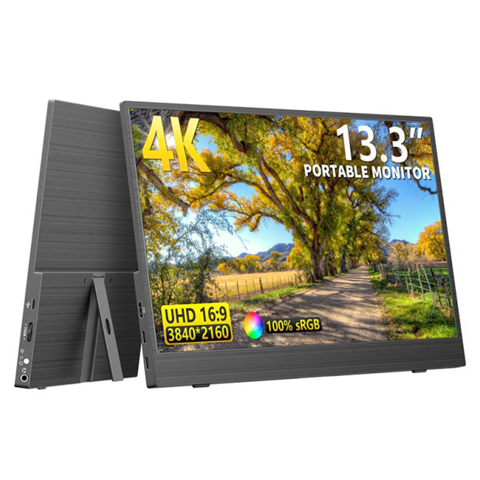 13.3 Inch Portable FHD 4K Monitor with 100% sRGB - Ultra Slim Travel External Display for Laptop, PC, Phone, Tablet & PS5 - Includes HDMI, USB-C & Power Cables - Perfect for Gaming, Work & Entertainment On-The-Go