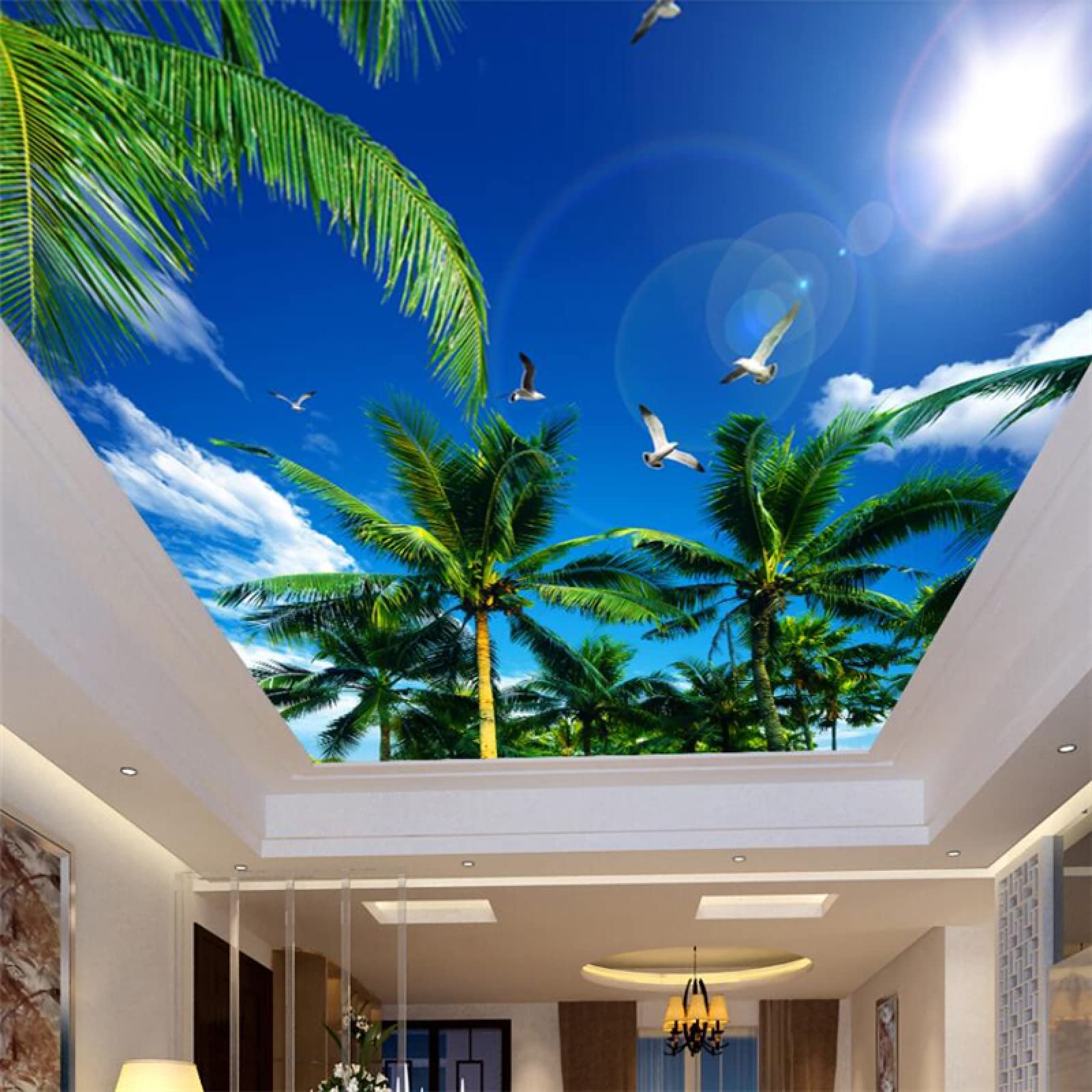Blue Sky White Cloud Seagull Ceiling Mural - Tropical Coastal Wallpaper for Bedroom, Living Room & Office Decor - Large 169.3