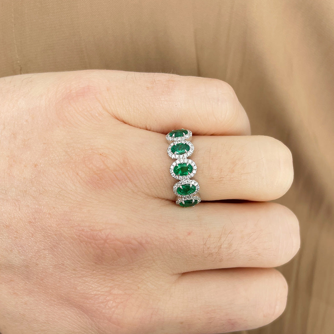 14K White Gold Five Stone Oval Emerald & Diamond Halo Engagement Ring - Perfect for Proposals, Anniversaries, and Special Occasions