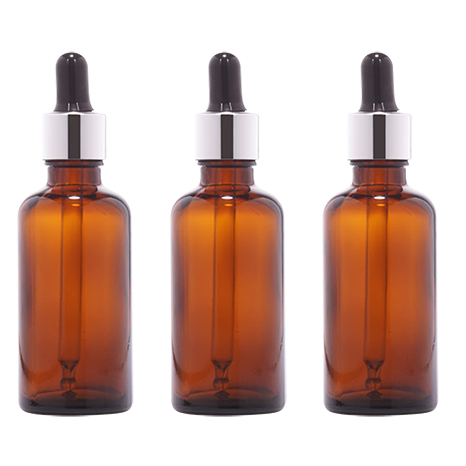 50ml Amber Round Glass Bottle with Glass Dropper, Silver Ring & Black Silicone Teat for Essential Oils, DIY Skincare, and Herbal Remedies - Perfect for Home, Spa, and Travel Use