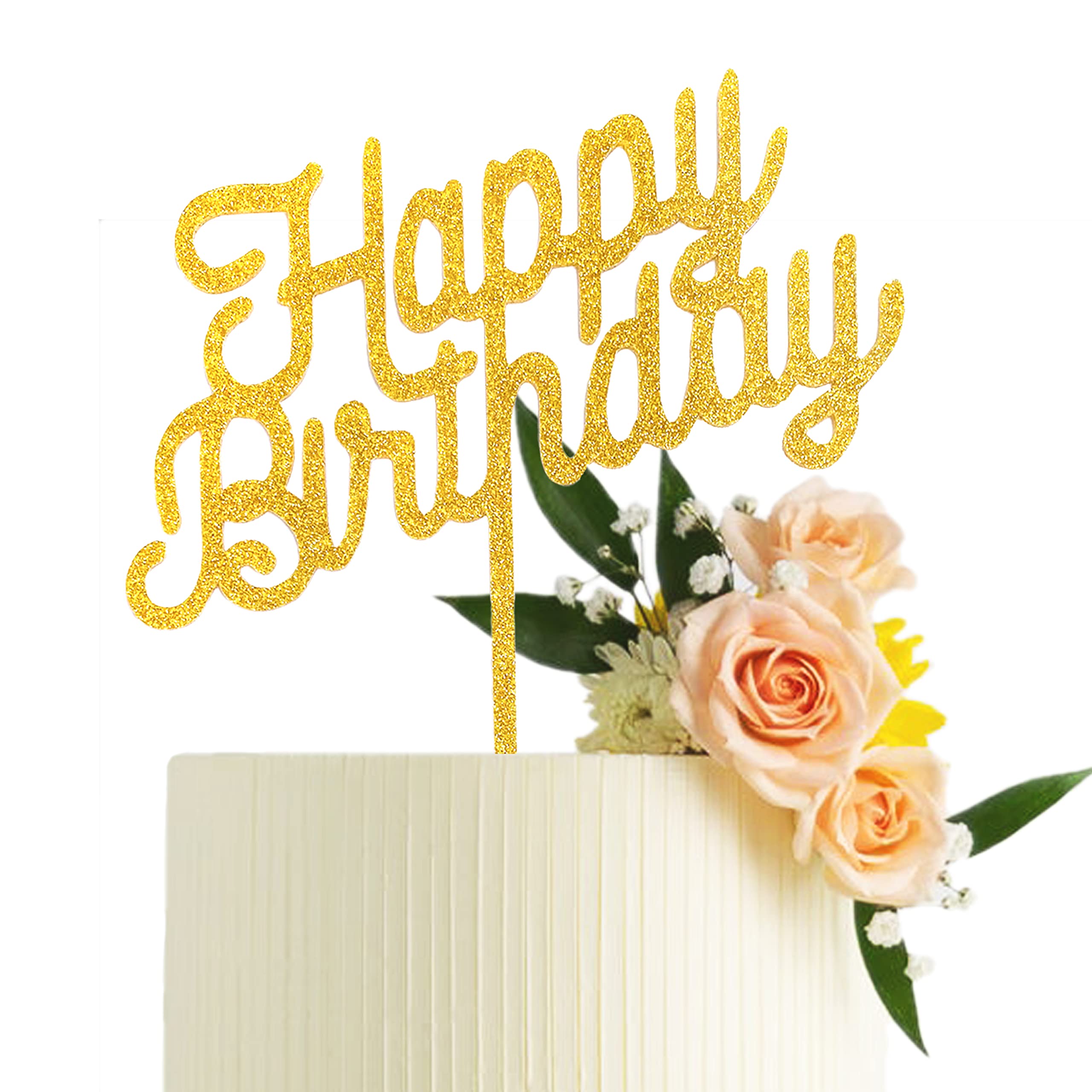 Gold Glitter Happy Birthday Cake Toppers for Large Cakes - Firework Style No-DIY Cake Decorations | Perfect for Birthday Parties, Wedding Cakes & Special Celebrations