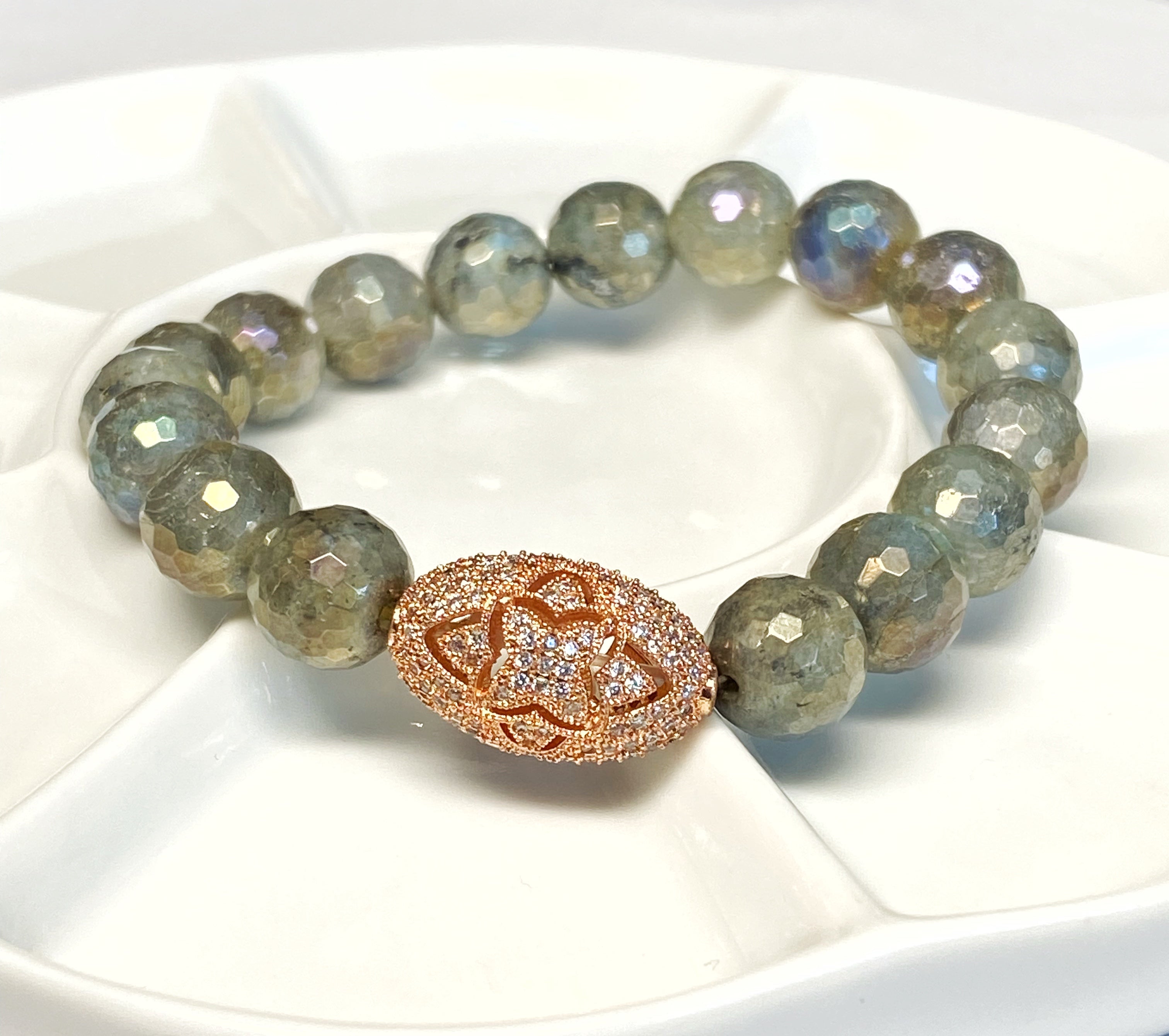 Labradorite & Rose Gold Pave CZ Stretch Bracelet for Women | Healing Crystal Jewelry for Meditation, Yoga & Spiritual Energy | Elegant Beaded Fashion Accessory