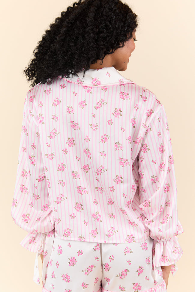 Sleep On My Side Pink Floral Satin Long Sleeve Pajama Top for Women - Soft & Comfortable Sleepwear for Nighttime Relaxation & Cozy Bedtime