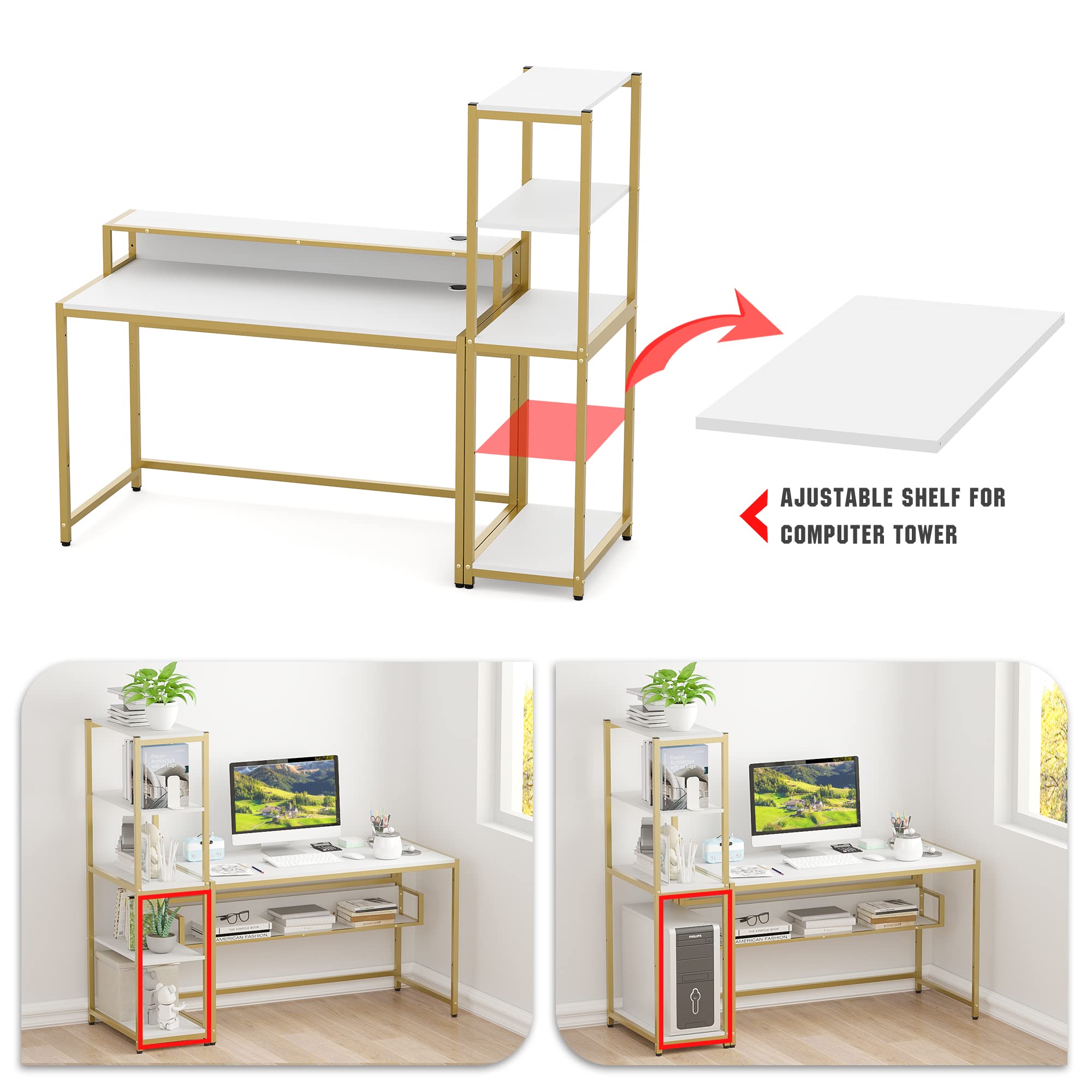 Teraves 49 Inch Computer Desk with 5 Tier Shelves - Reversible Writing Desk with Storage, Home Office Study Table & Bookcase Combo (White & Gold Frame) - Perfect for Small Spaces, Gaming Setup, Remote Work & Student Dorm Rooms