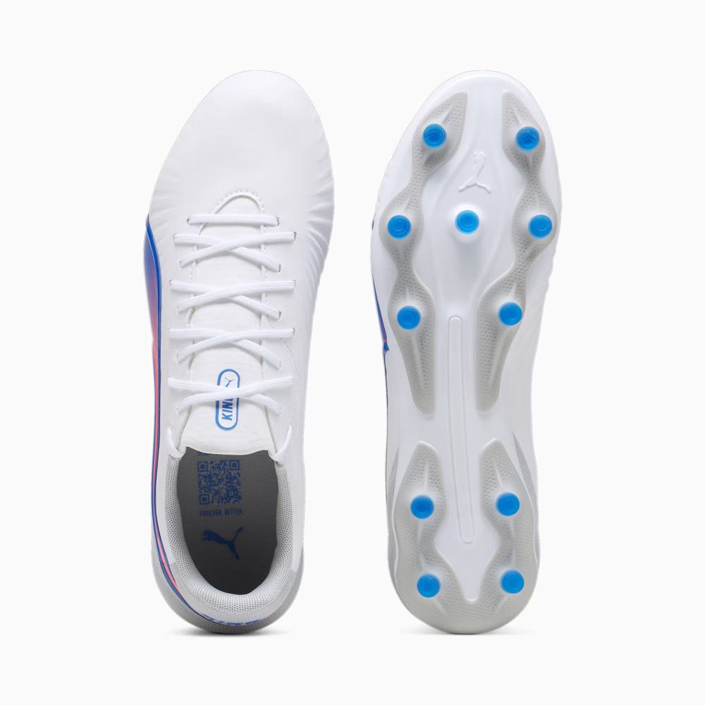 Puma King Match FG/AG Soccer Cleats for Men - White/Bluemazing/Light Grey Football Shoes - Perfect for Artificial Grass & Firm Ground Matches