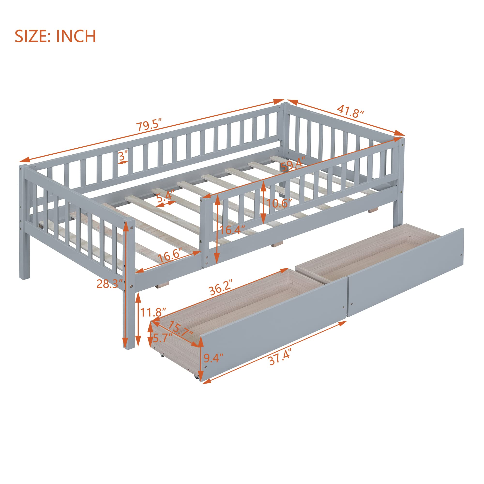Harper & Bright Designs Twin Size Daybed with Storage Drawers - Wooden Kids Twin Platform Bed Frame with Safety Rails, No Box Spring Required, Easy Assembly (Gray) - Perfect for Kids' Bedrooms, Guest Rooms & Small Spaces