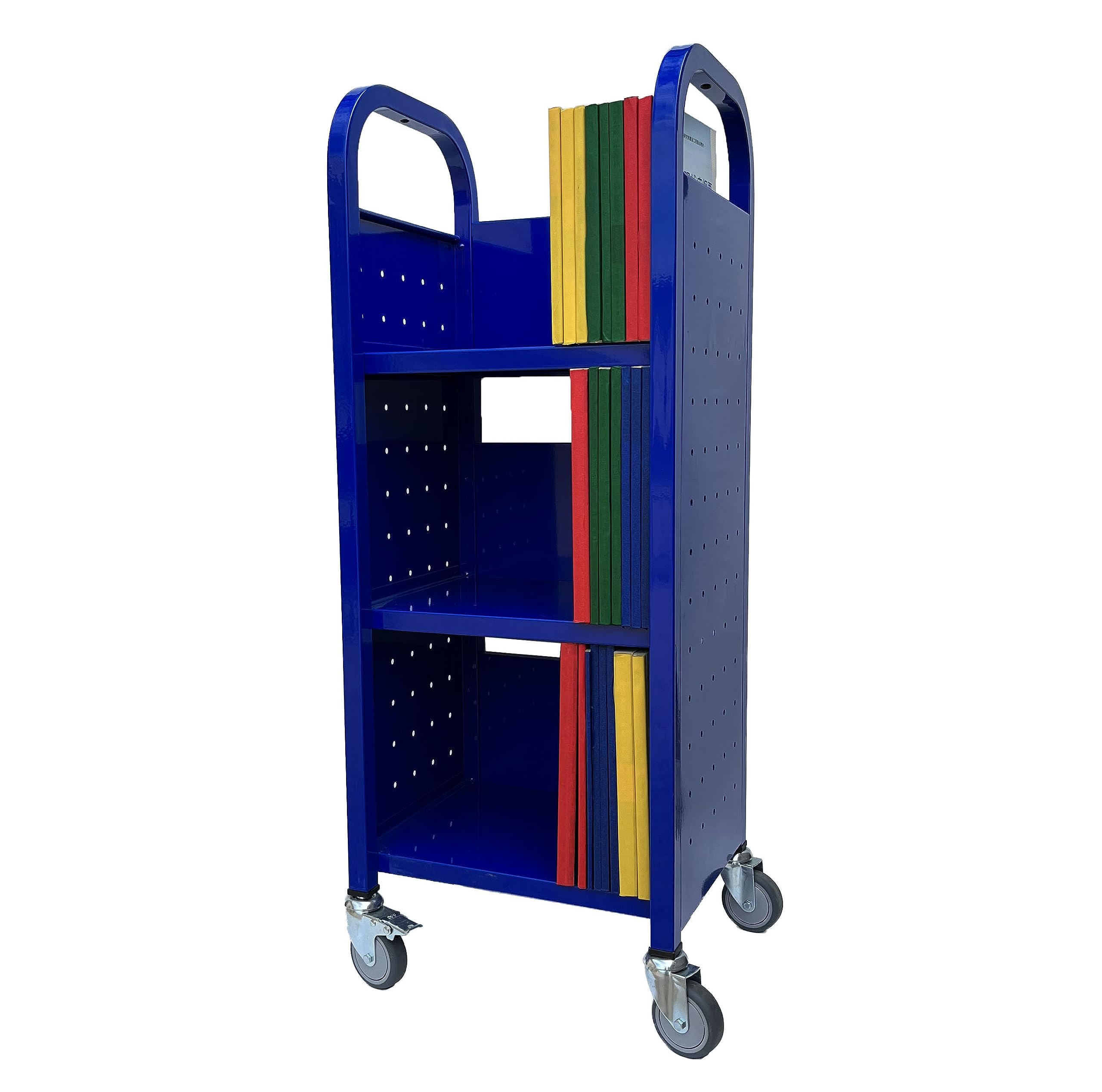 Heavy Duty Workington Single Bank Rolling Book Truck with 3 Flat Shelves - Mobile Library Book Cart with Swivel Locking Casters 3000 Blue - Perfect for Libraries, Schools, and Office Document Organization