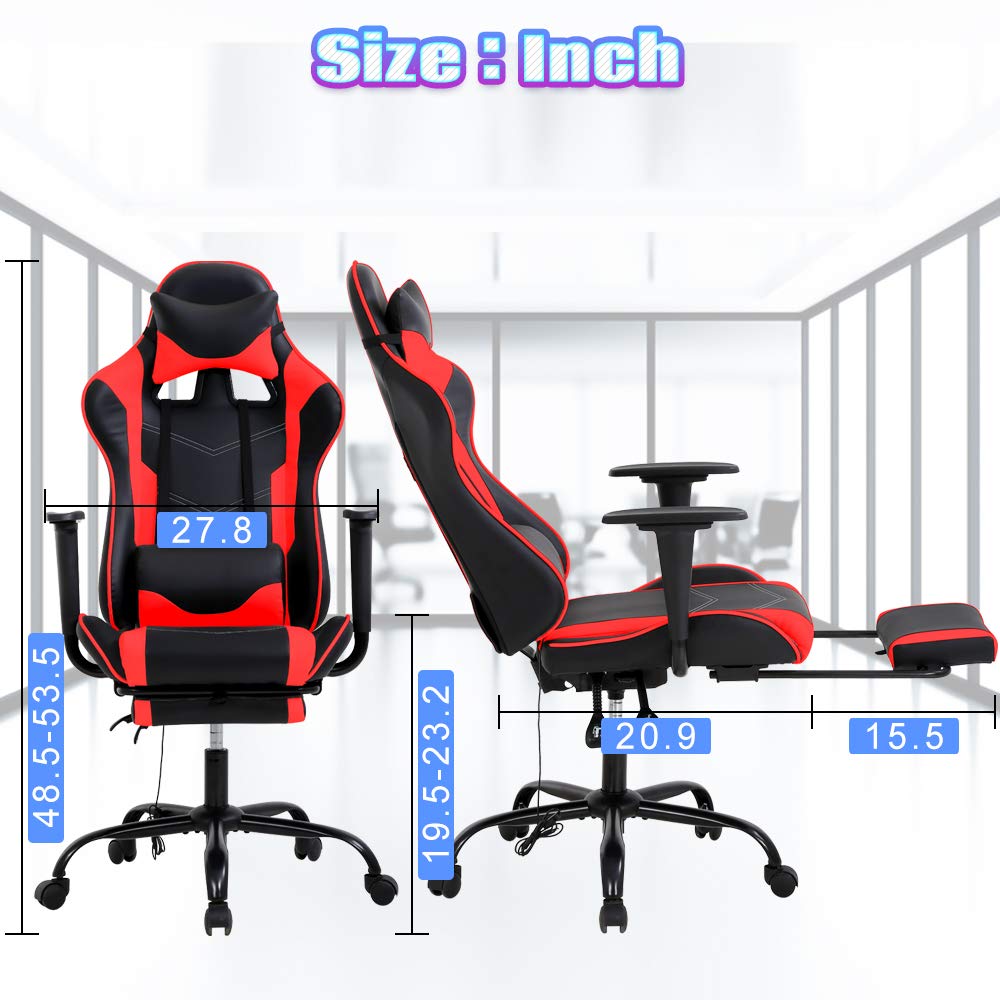 Ergonomic Red PC Gaming Chair with Massage Lumbar Support, Adjustable Racing Office Chair with Footrest & Headrest - Perfect for Home Office, Video Gaming & Streaming Setup
