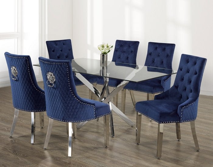 Modern Glass Dining Table with Swivel Chrome Legs & Blue Velvet Chairs - Lion Knocker Accent for Elegant Home Dining Room Decor | Perfect for Dinner Parties & Family Gatherings