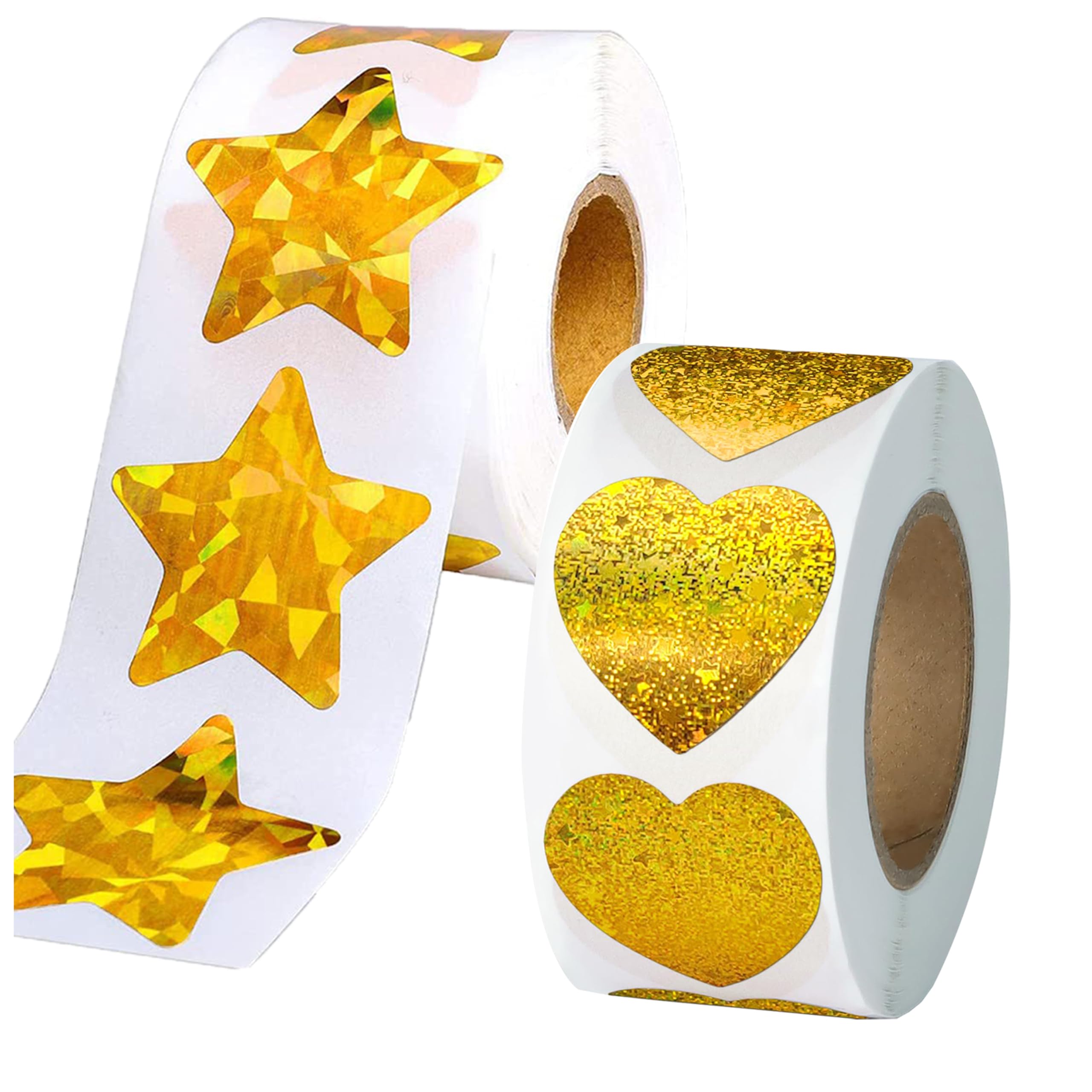 500Pcs 1 Inch Large Roll Gold Star Stickers for Kids Reward, Holographic Heart Stickers - Perfect for Classroom, Student Planners, Scrapbooking & DIY Crafts - Glitter Stickers for Toddlers & Teachers