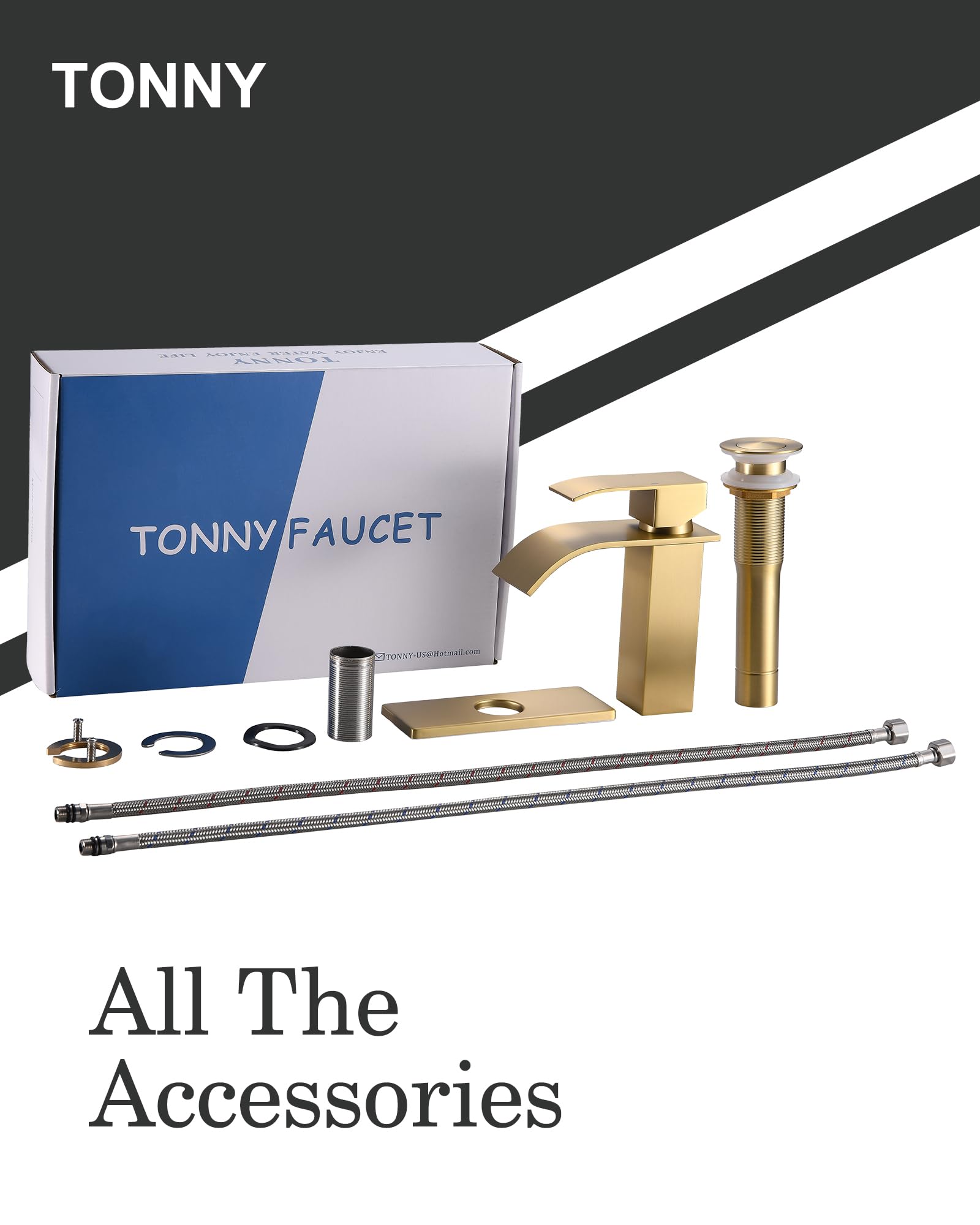 Modern Single Hole Bathroom Faucet - Waterfall Spout Brushed Gold Finish with Drain Assembly & Lead-Free Hose - Perfect for Bathroom Sink, Vanity, and Powder Room Upgrades - TONNY