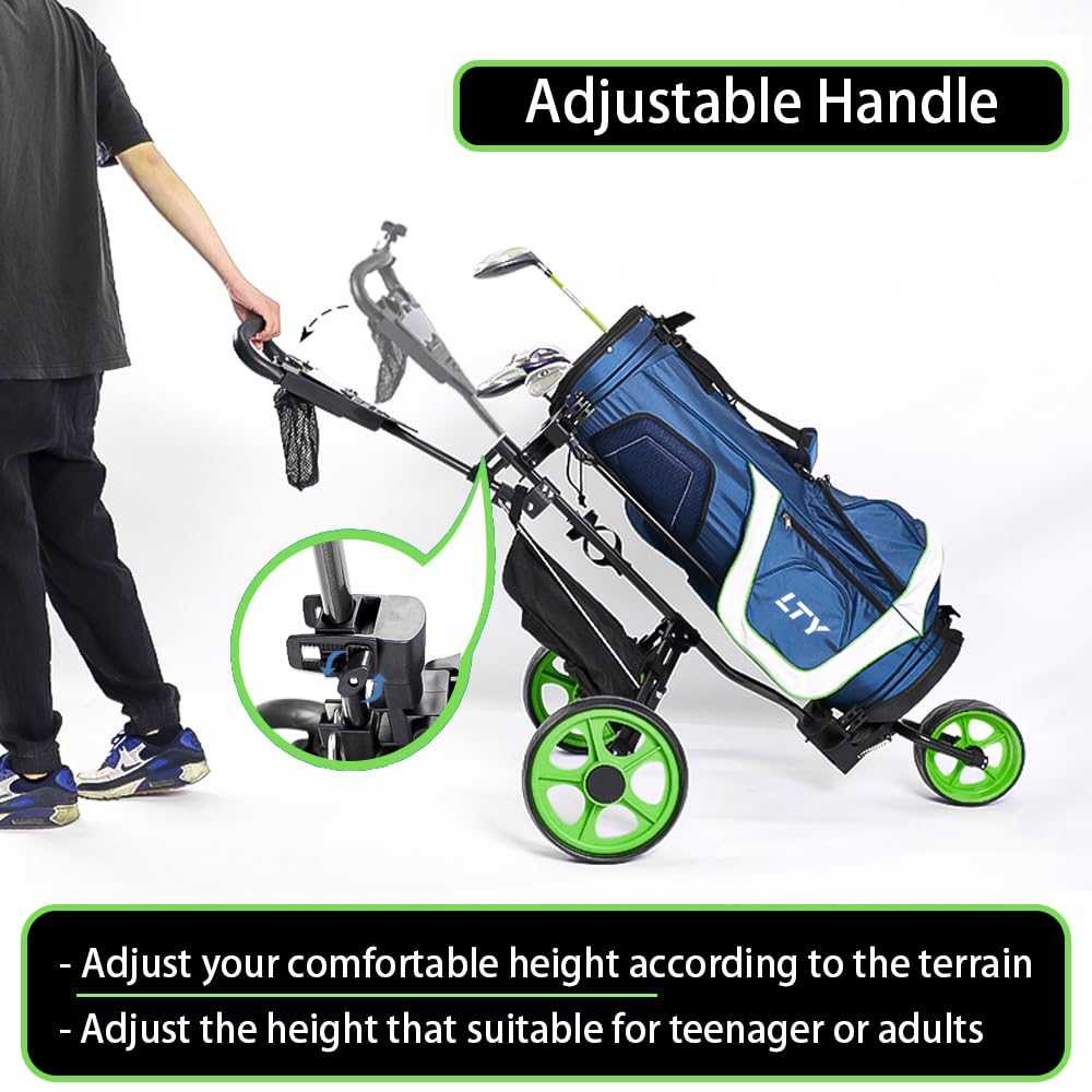 LTY 3-Wheel Folding Golf Push Cart with Foot Brake, Phone Holder & Waterproof Cooler Bag - Lightweight Portable Golf Cart with Adjustable Handle for Easy Storage | Perfect for Golf Courses, Practice Ranges & Outdoor Sports