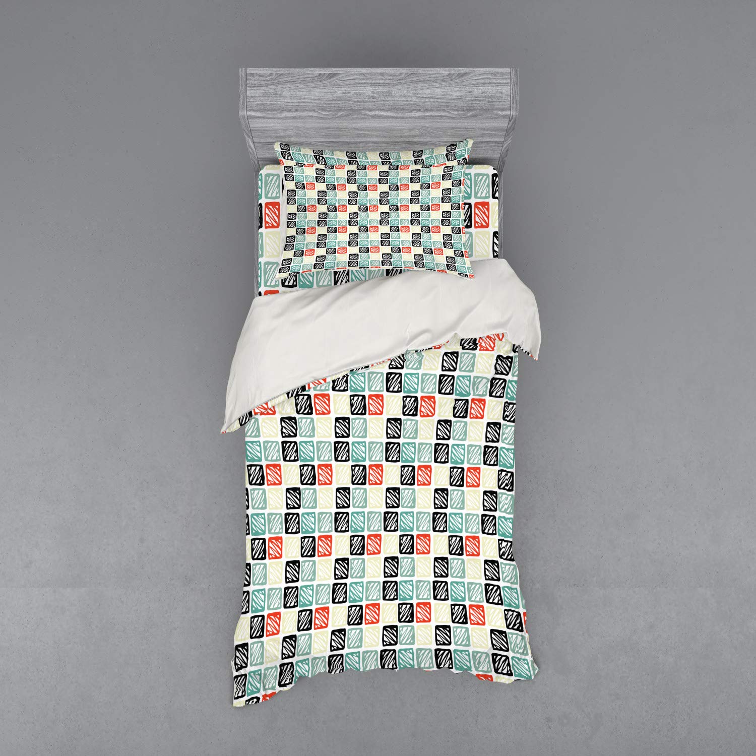 Ambesonne Tribal Duvet Cover Set - Hand Drawn Grid Squares & Chevron Zigzag Stripes Pattern, 3-Piece Bedding Set with Pillow Sham & Fitted Sheet, Twin XL Size, Multicolor - Perfect for Boho Bedroom Decor & Tribal Themed Home Styling