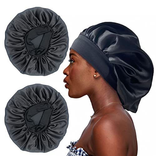 2PCS Large Satin Bonnet for Women - Silk Sleep Cap with Elastic Soft Band for Hair Protection | Perfect for Nighttime Hair Care & Natural Hair Maintenance