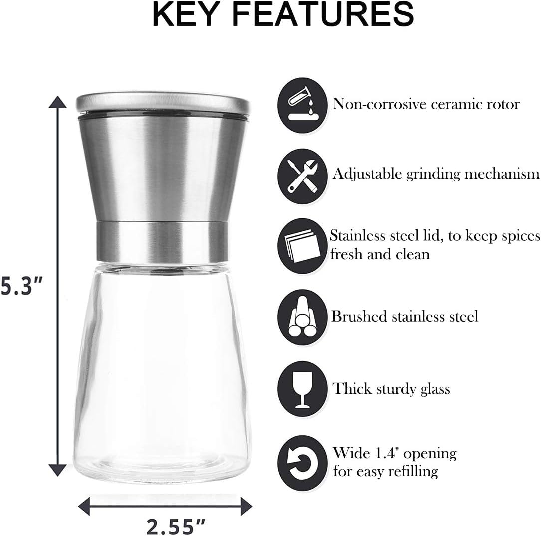 Premium Stainless Steel Sea Salt and Pepper Grinder Set - Manual Adjustable Ceramic Mill for Kitchen - Tall Glass Spice Grinder with Coarseness Control - Easy to Use & Refill - Perfect for Cooking, Baking & Table Seasoning (Small, 1-Pack)