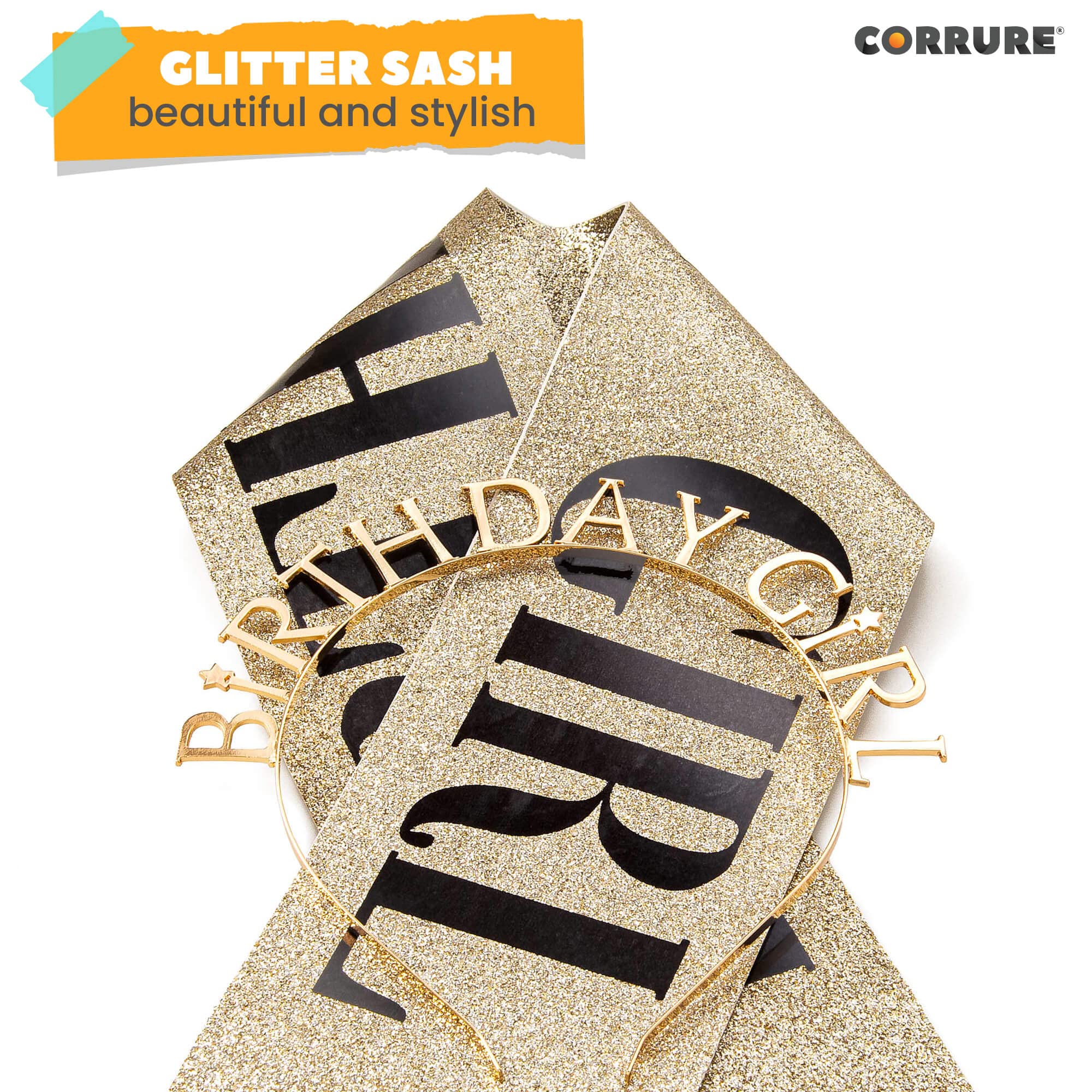 Gold Glitter Birthday Girl Sash & Tiara Set with Black Foil - Women's Happy Birthday Party Accessories for 18th 21st 30th 40th Birthday Celebrations - Perfect for Bachelorette Parties, Girls Night Out & Special Occasion Decorations