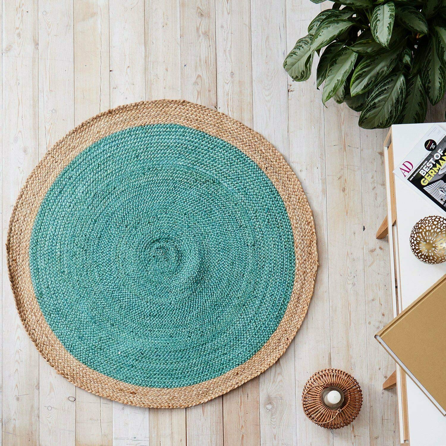 Handmade Natural Jute Round Braided Rug - 4x4 Farmhouse Boho Chic Area Rug for Living Room, Bedroom, Kitchen | Indoor/Outdoor Durable Floor Mat | Perfect for Cozy Home Decor & Patio Use (Turquoise)