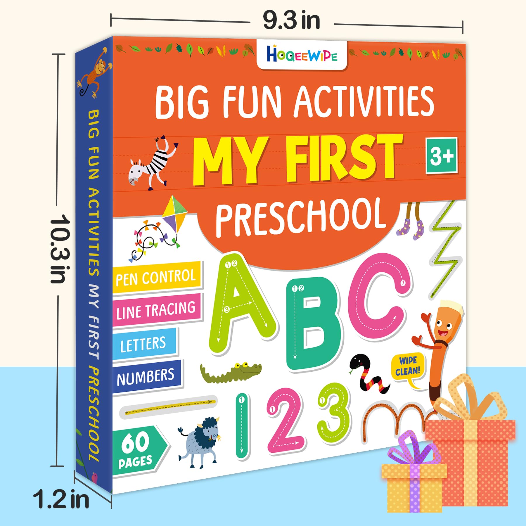 HOQEEWIPE Preschool Learning Activities Workbook - Reusable 60-Page Tracing Book for Kids Ages 3-5 | Alphabet, Numbers & Fine Motor Skills Practice | Educational Learning Toys for Toddlers 2-4 Years Old | Perfect for Homeschooling & Classroom Activities