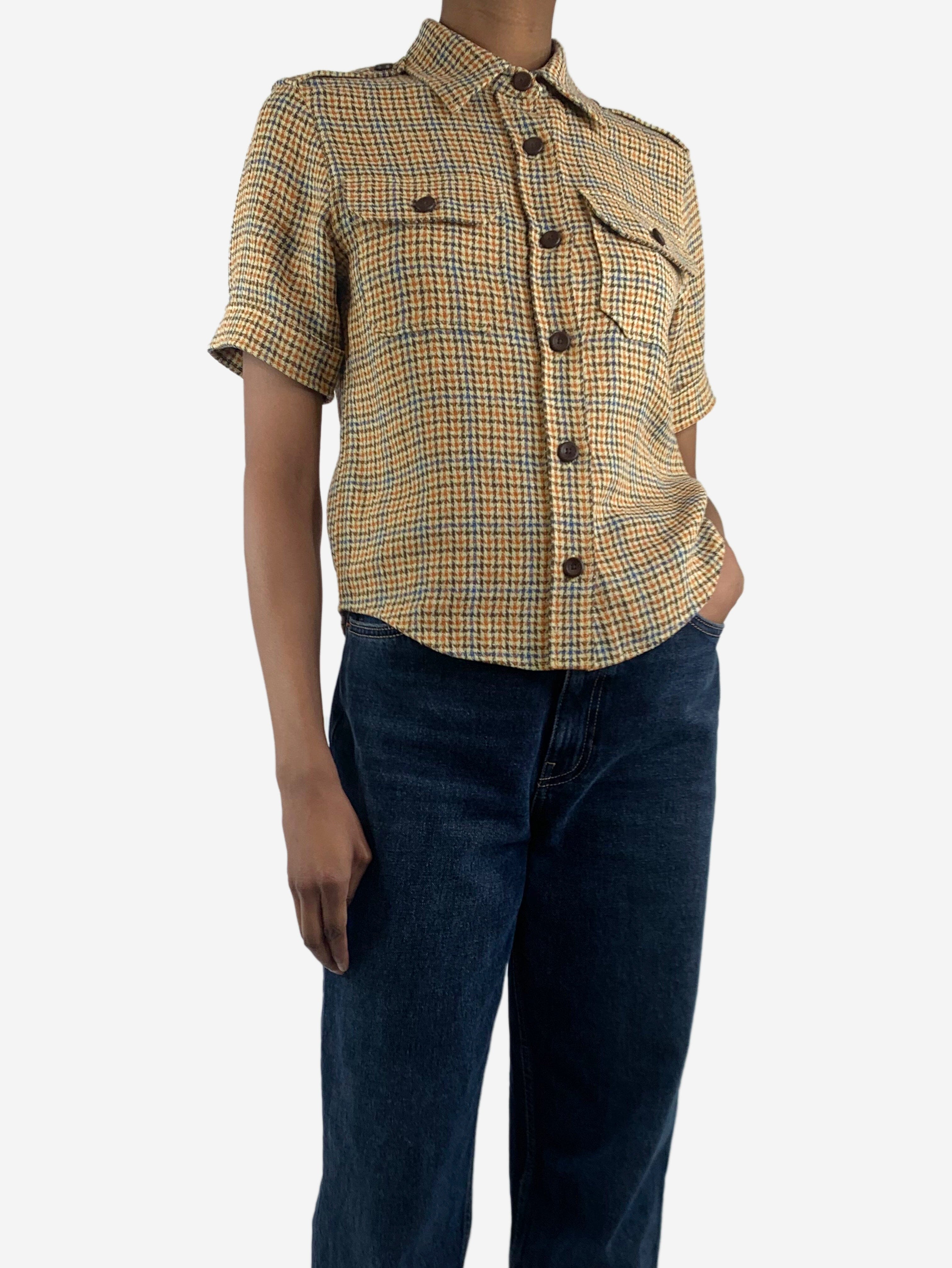 Stylish Brown Checkered Flax Short Sleeve Shirt - UK Size 4 | Casual Summer Wear, Outdoor Activities & Office Outfits