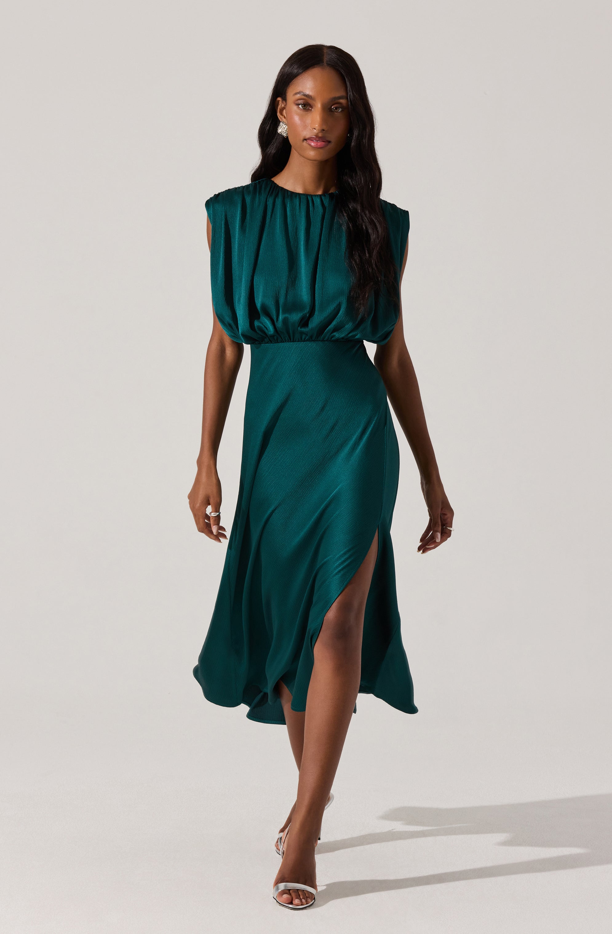 Elegant Satin Midi Dress for Women - Flowy Blouson Style Party & Evening Gown - Perfect for Weddings, Cocktails and Special Occasions