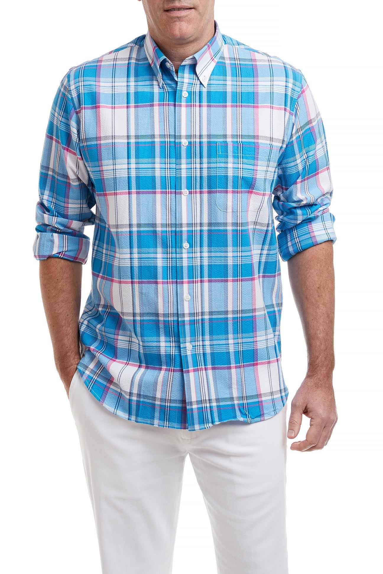 Chase Shirt Blue and Pink Union Seersucker - Stylish Summer Casual Button Down for Men | Perfect for Beach Vacations, Outdoor Weddings & Weekend Getaways