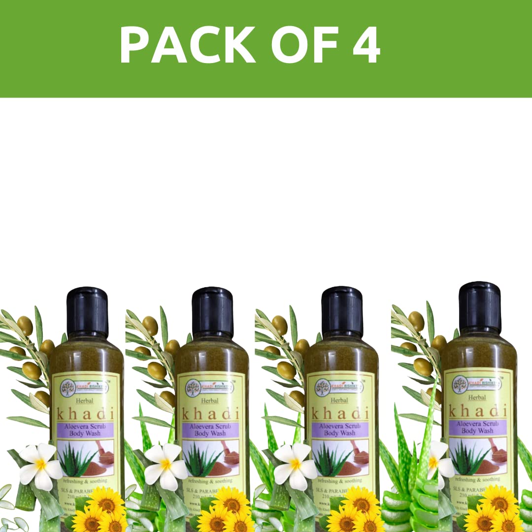 Khadi Rishikesh Herbal Aloe Vera Body Wash - Mega Moisturizing with Calcium & Magnesium for Youthful Skin, Anti-Aging & Stretch Mark Reduction (Pack of 4 x 210ml) - Perfect for Daily Hydration & Skin Rejuvenation