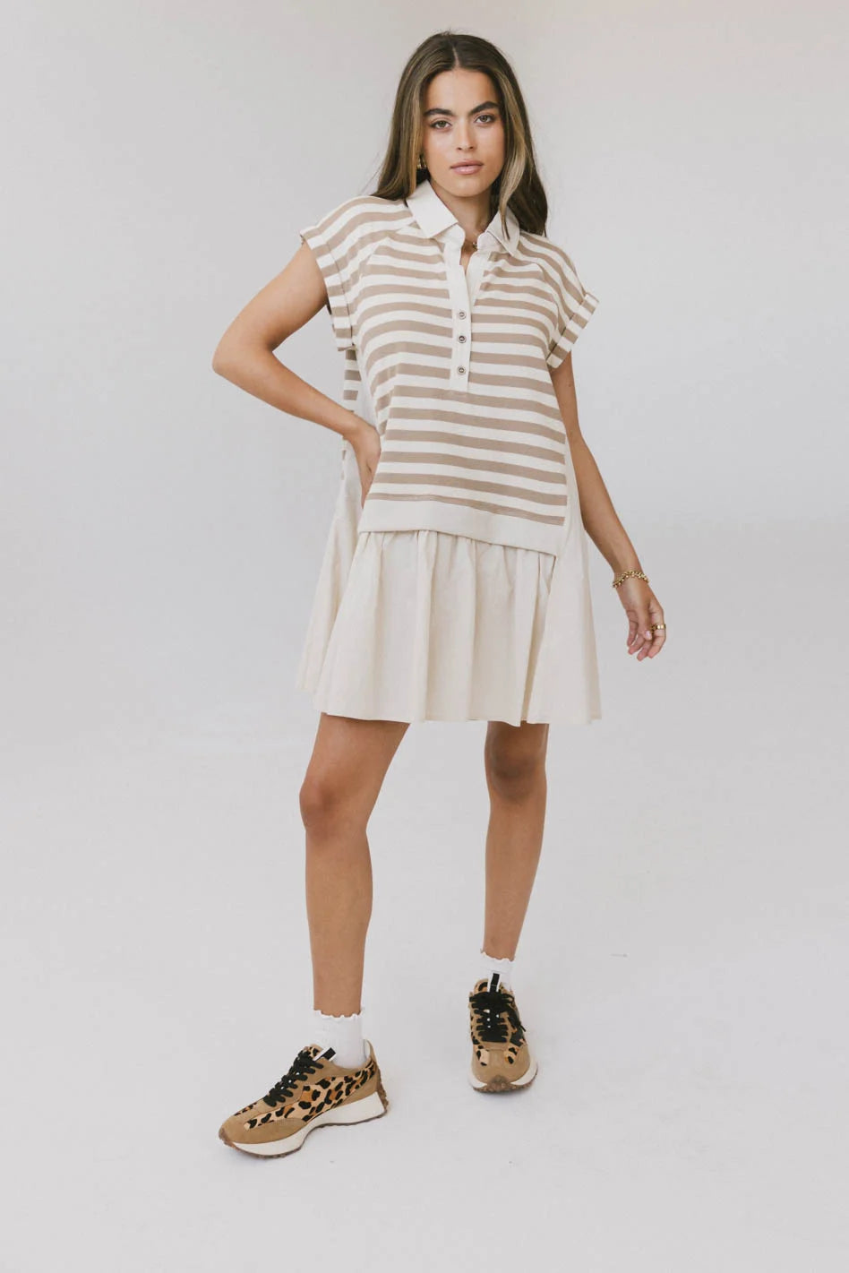 Evan Collared Mini Dress in Taupe - Women's Vintage Style Short Sleeve A-Line Dress for Casual Wear, Office, Date Night & Special Occasions - FINAL SALE