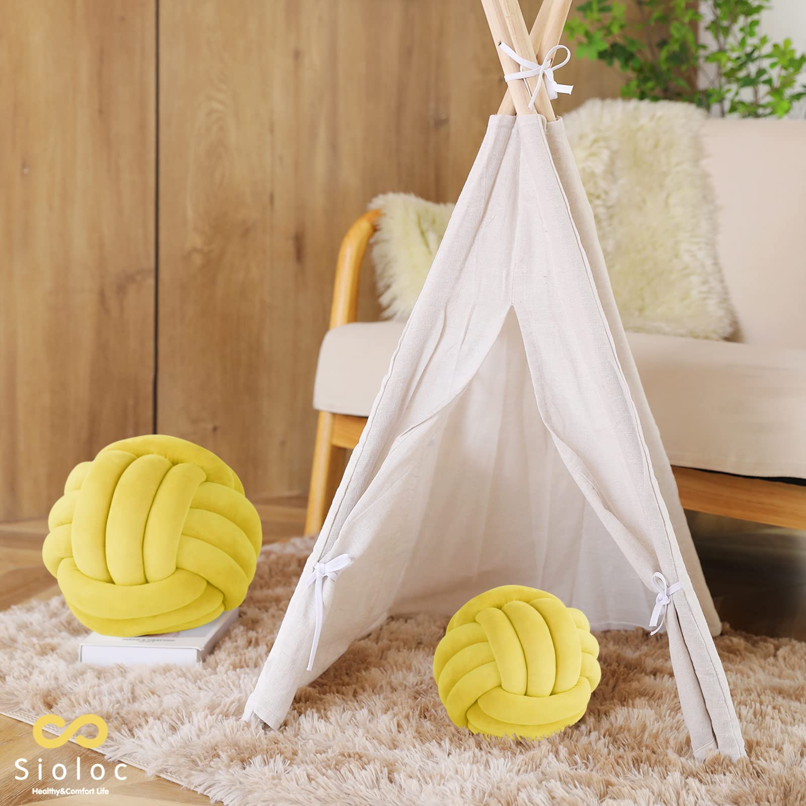 Sioloc Soft Knot Ball Pillows - Round Throw Pillow Cushion for Home Decor, Plush Knotted Handmade Pillow (7.8 Inches, Yellow) - Perfect for Sofa, Bed, Nursery & Cozy Living Room Accent