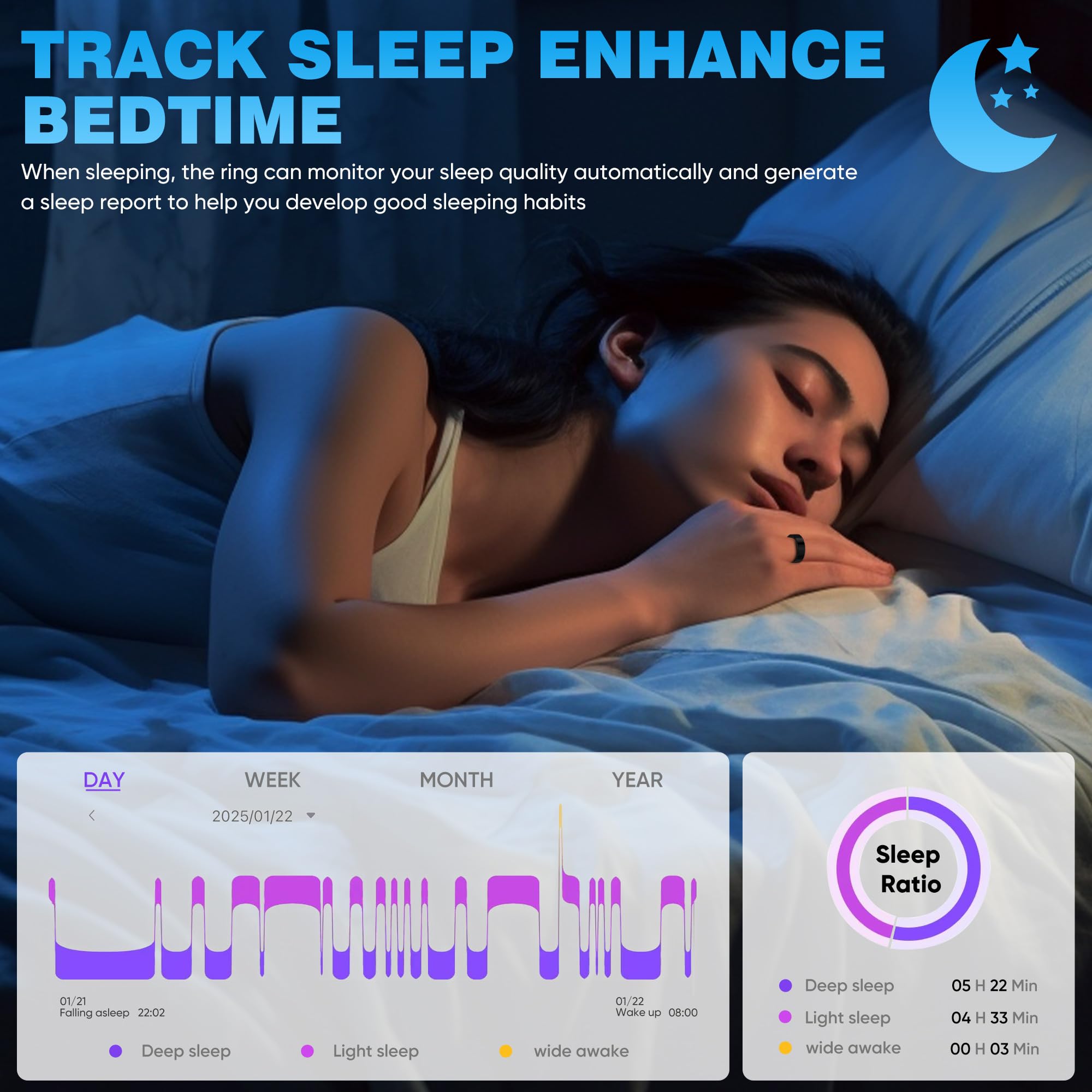 Smart Ring for Women & Men - Sleep & Step Tracker, Heart Rate Monitor, IP68 Waterproof Fitness Ring Compatible with iPhone & Android (Black, Size 8) - Perfect for Workouts, Sleep Tracking & Daily Activity Monitoring