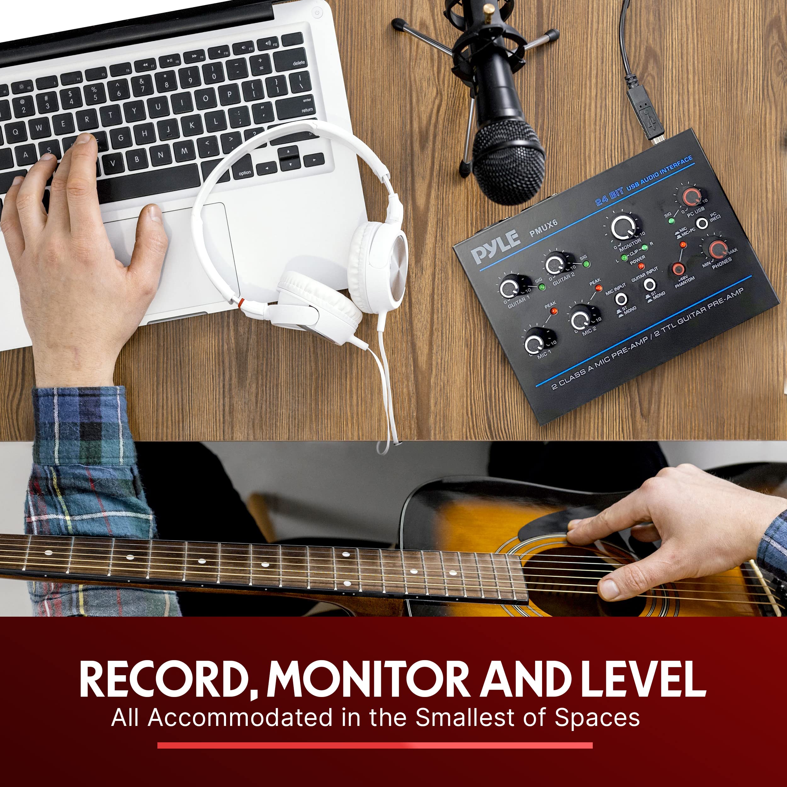 Pyle Professional USB Audio Interface with MIC, Guitar, AUX Stereo Inputs, Phone/Monitor Outputs - Compact Metal Housing for Computer Recording, Podcasting & Live Streaming (Model PMUX6) | Perfect for Home Studios, Musicians & Content Creators