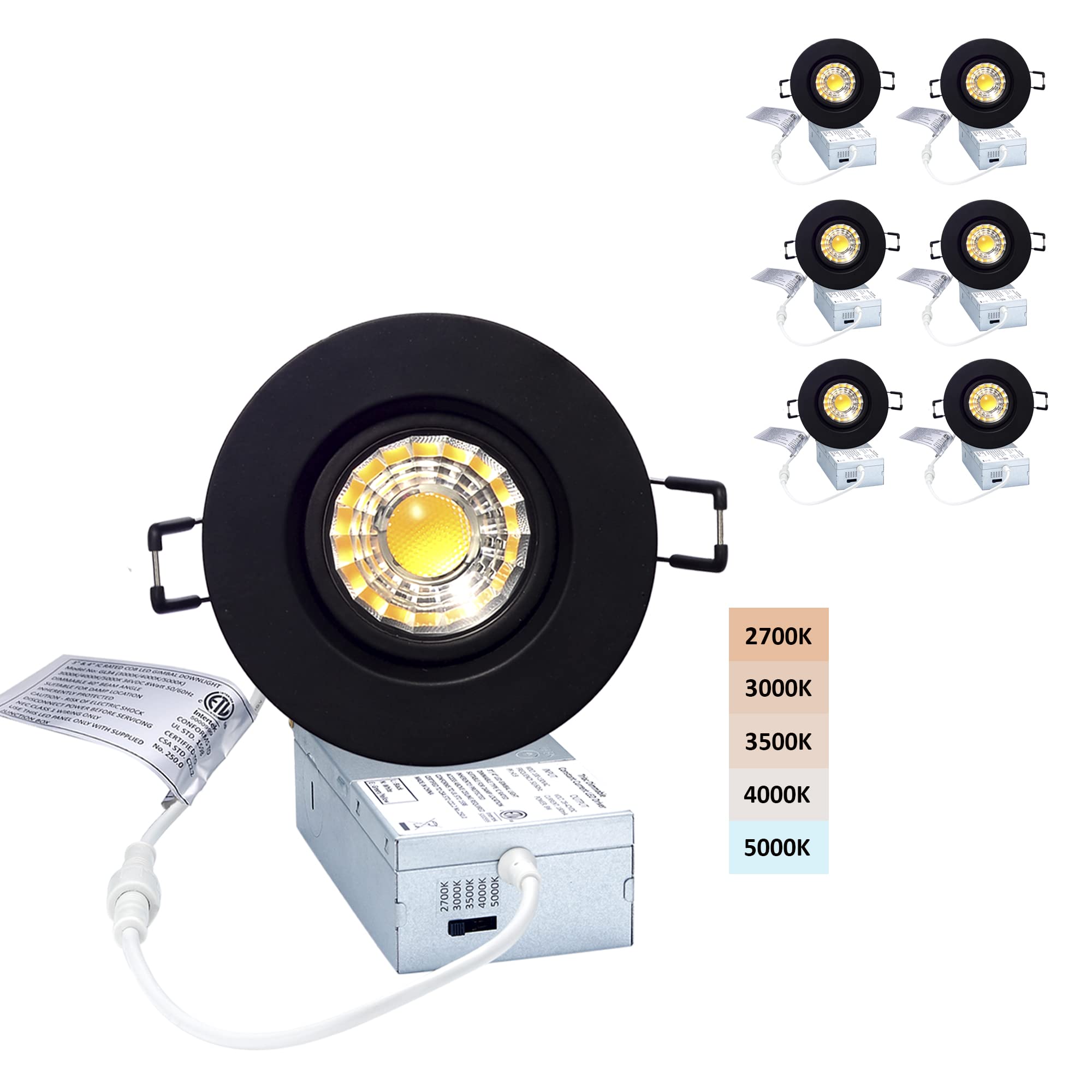 5CCT Adjustable 3 Inch Recessed Gimbal Downlight - Rotatable Spotlight, Dimmable Eyeball Ceiling Potlight with Junction Box, 8W LED, Black Round Trim (6 Pack) - Perfect for Living Room, Kitchen, Bedroom & Office Lighting