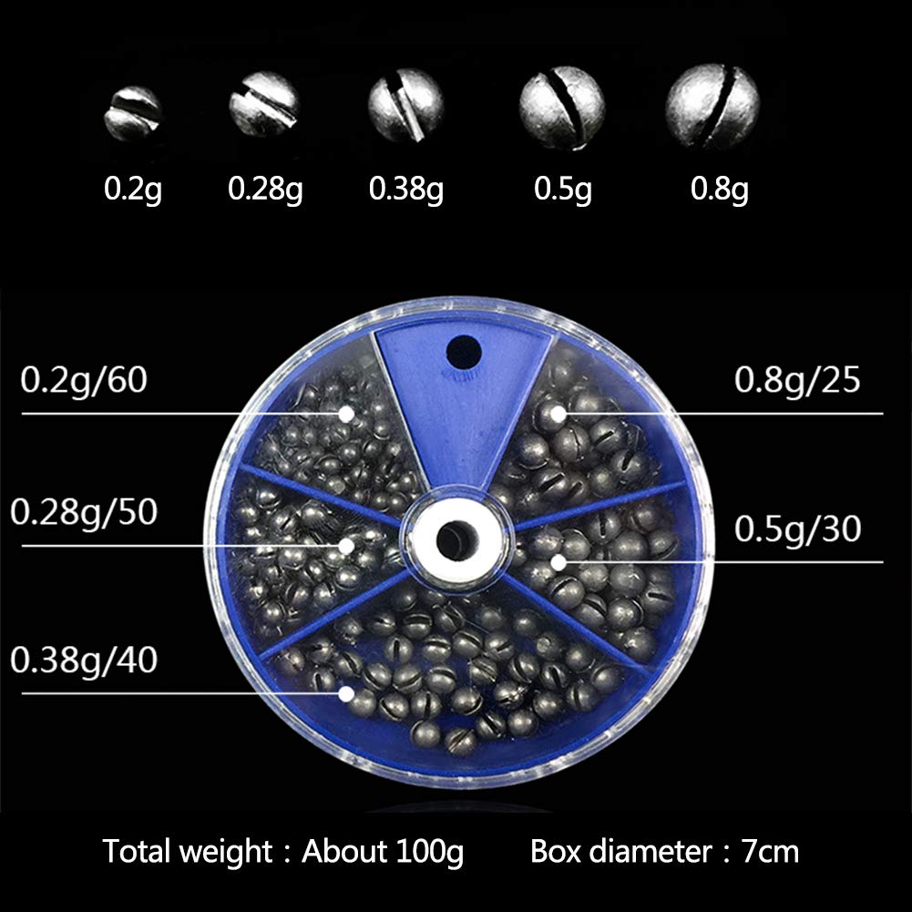 205pcs Split Shot Fishing Weights - Round Removable Sinkers with 5 Sizes for Freshwater & Saltwater Fishing | Perfect for Trout, Bass, and Panfish Angling