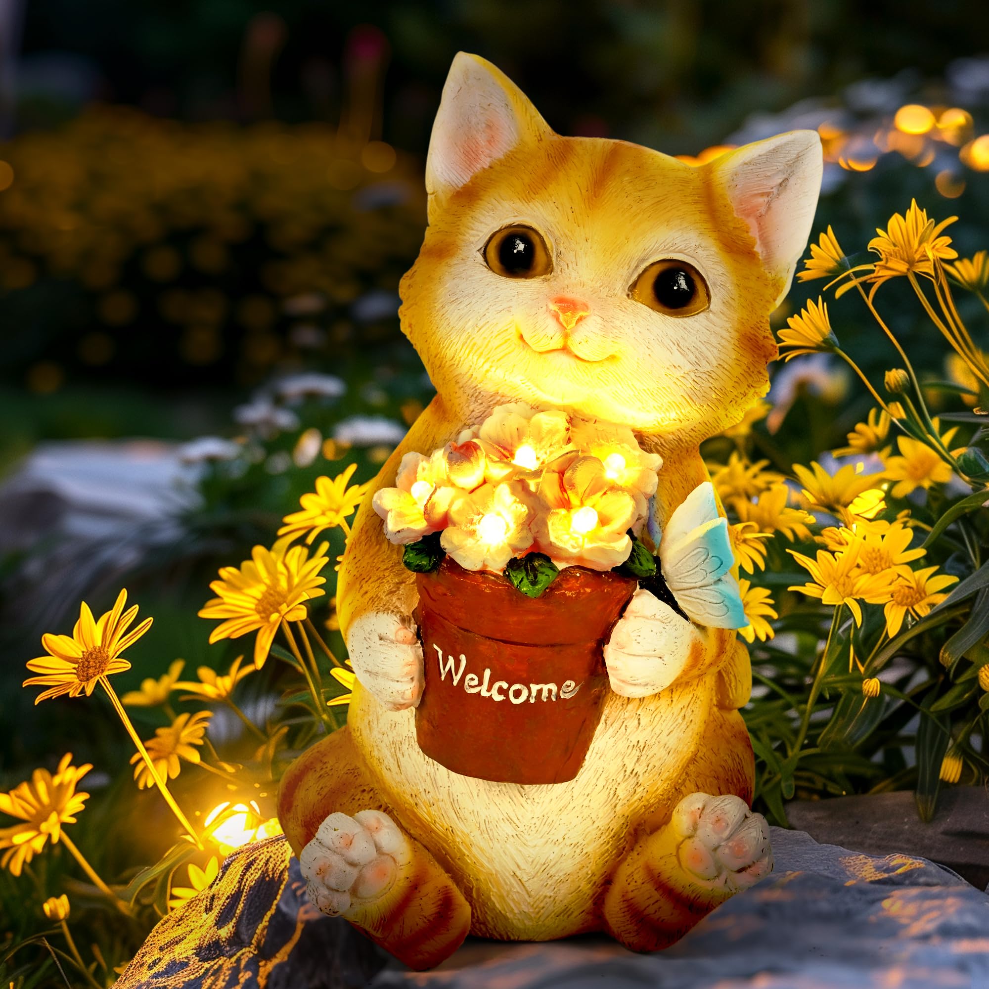 Solar Garden Decor Flower Pot Cat Statues Outdoor - Elegant Solar-Powered Animal Sculptures for Patio, Yard & Lawn - Unique Birthday Gifts for Women, Mom & Grandma - Perfect for Balcony, Garden & Outdoor Decor