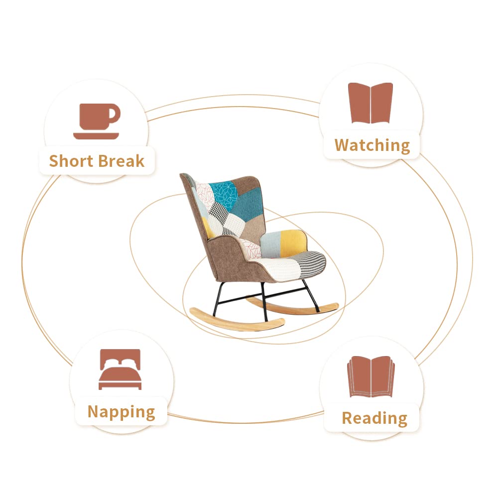 HomVent Upholstered Rocking Chair - Mid Century Modern Fabric Nursery Rocker with Tall Back & Wood Base, Comfortable Accent Armchair for Adults & Kids, Perfect for Living Room, Bedroom, Nursery or Reading Nook