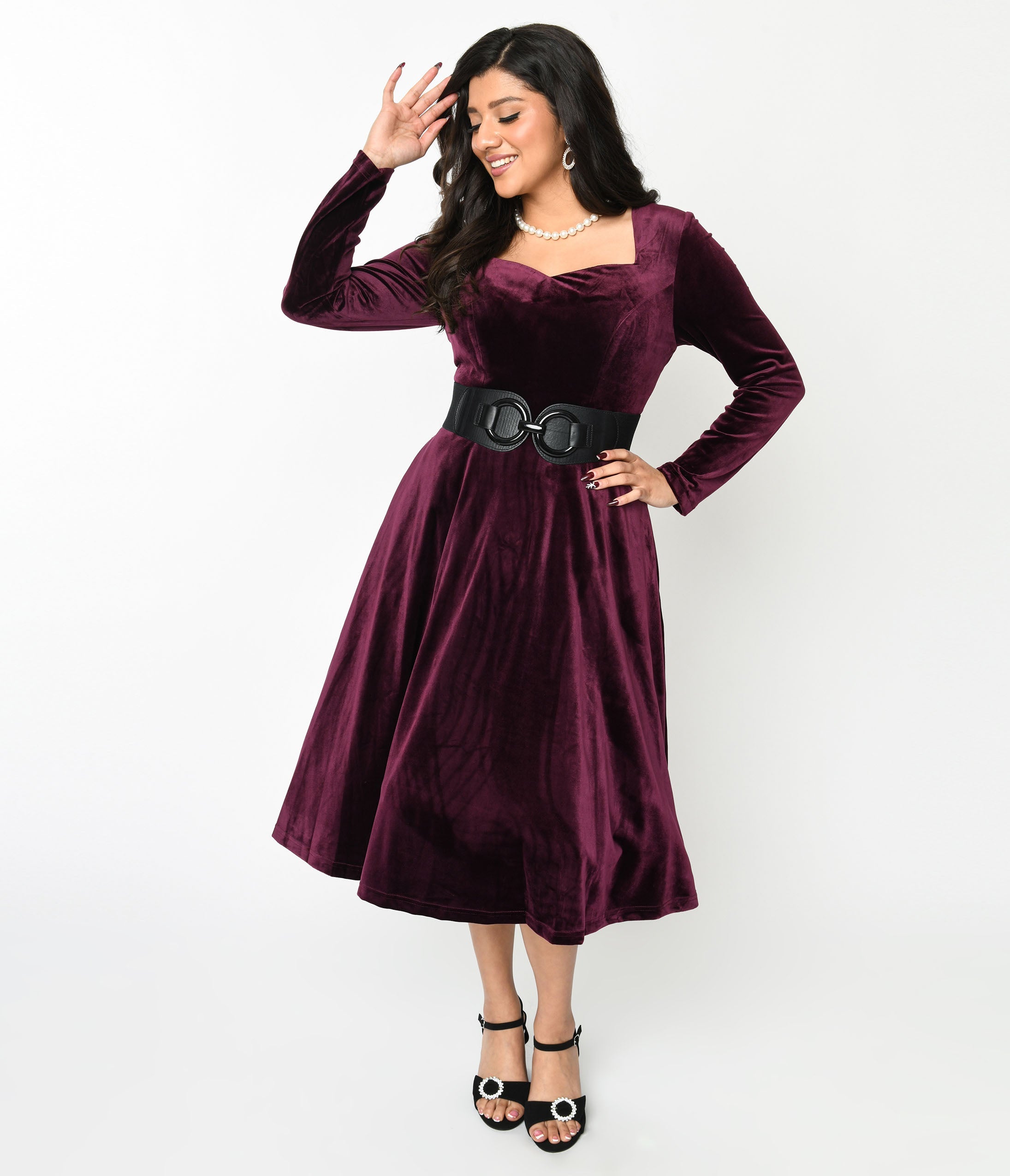 Elegant Plum Wine Velvet Swing Dress for Women - Vintage Flowy Party Dress for Evening Events, Date Nights & Special Occasions