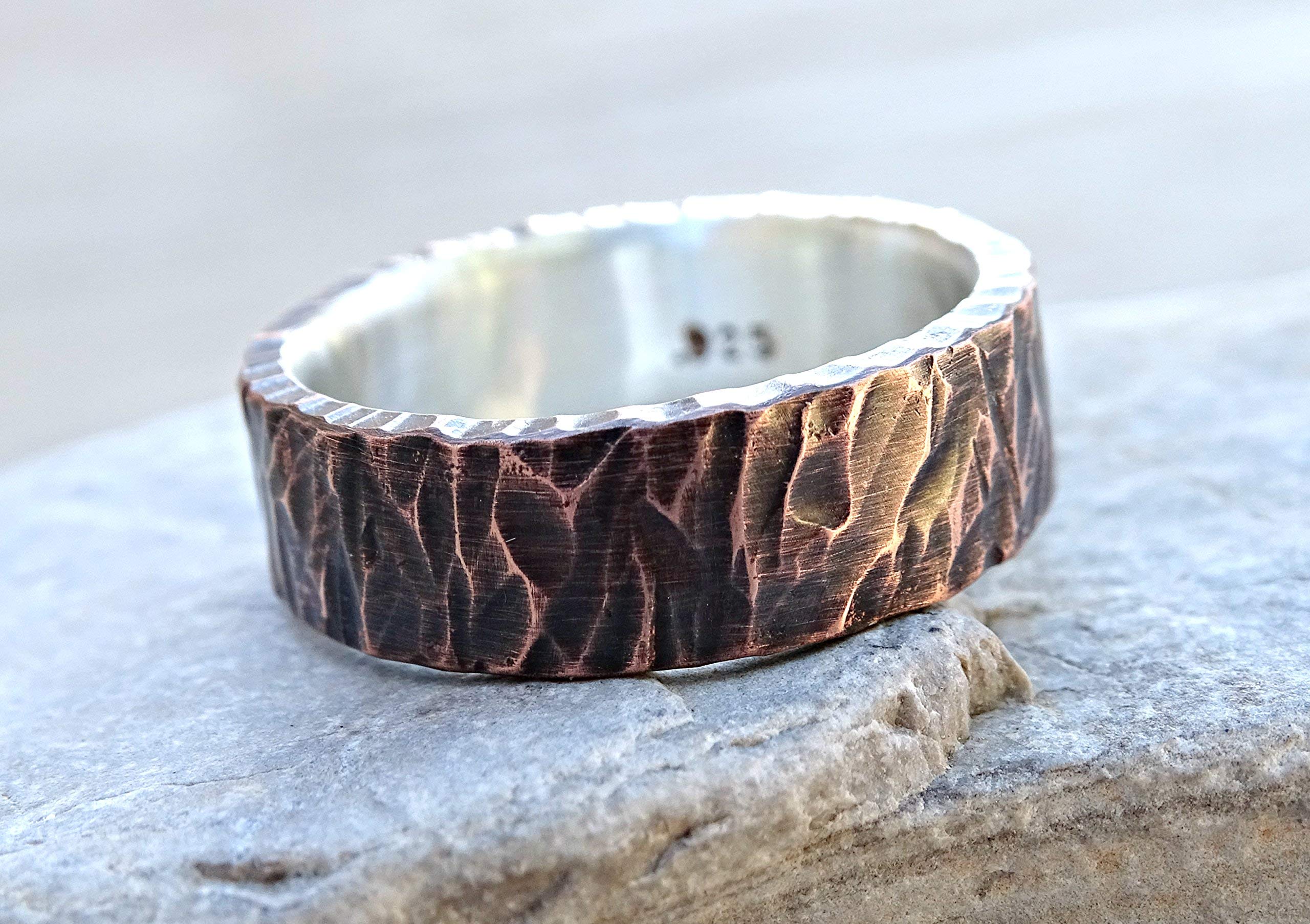 Unique Viking Wedding Band for Men - Rustic Two-Tone Mixed Metal Ring with Wood Structure - Copper Anniversary Gift for Him - Perfect for Weddings, Engagements, and Special Occasions