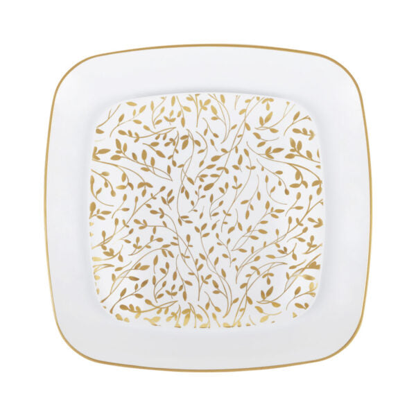 32-Piece Gold & White Leaf Square Plastic Dinnerware Set - BPA-Free Reusable Tableware for 16 Guests - Perfect for Outdoor Picnics, Garden Parties & Eco-Friendly Dining
