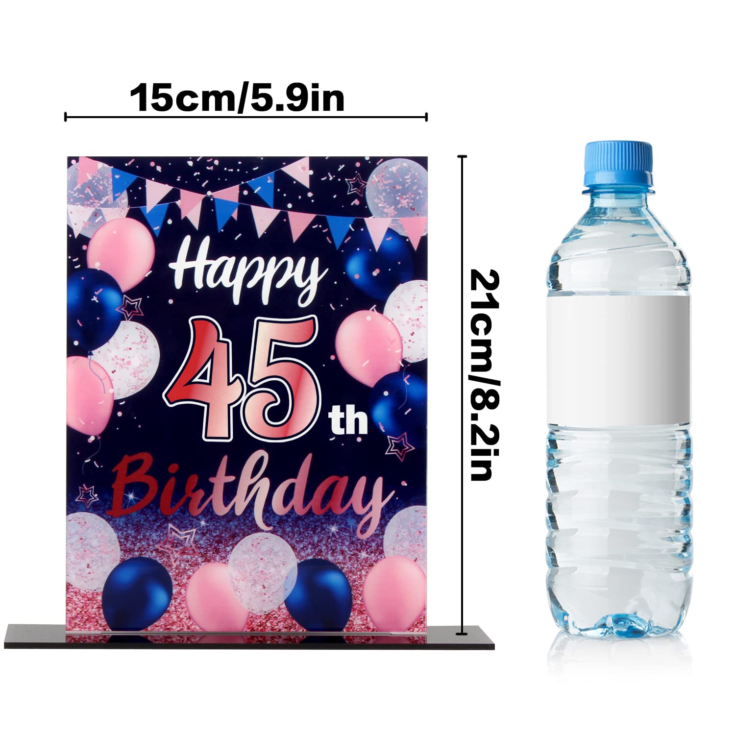 Happy 45th Birthday Party Decorations Set - 2 Navy Blue Acrylic Table Toppers with Balloon Stand & Printed Poster Backdrop for Birthday Centerpieces - Perfect for Anniversary Celebrations, Office Parties & Home Decor